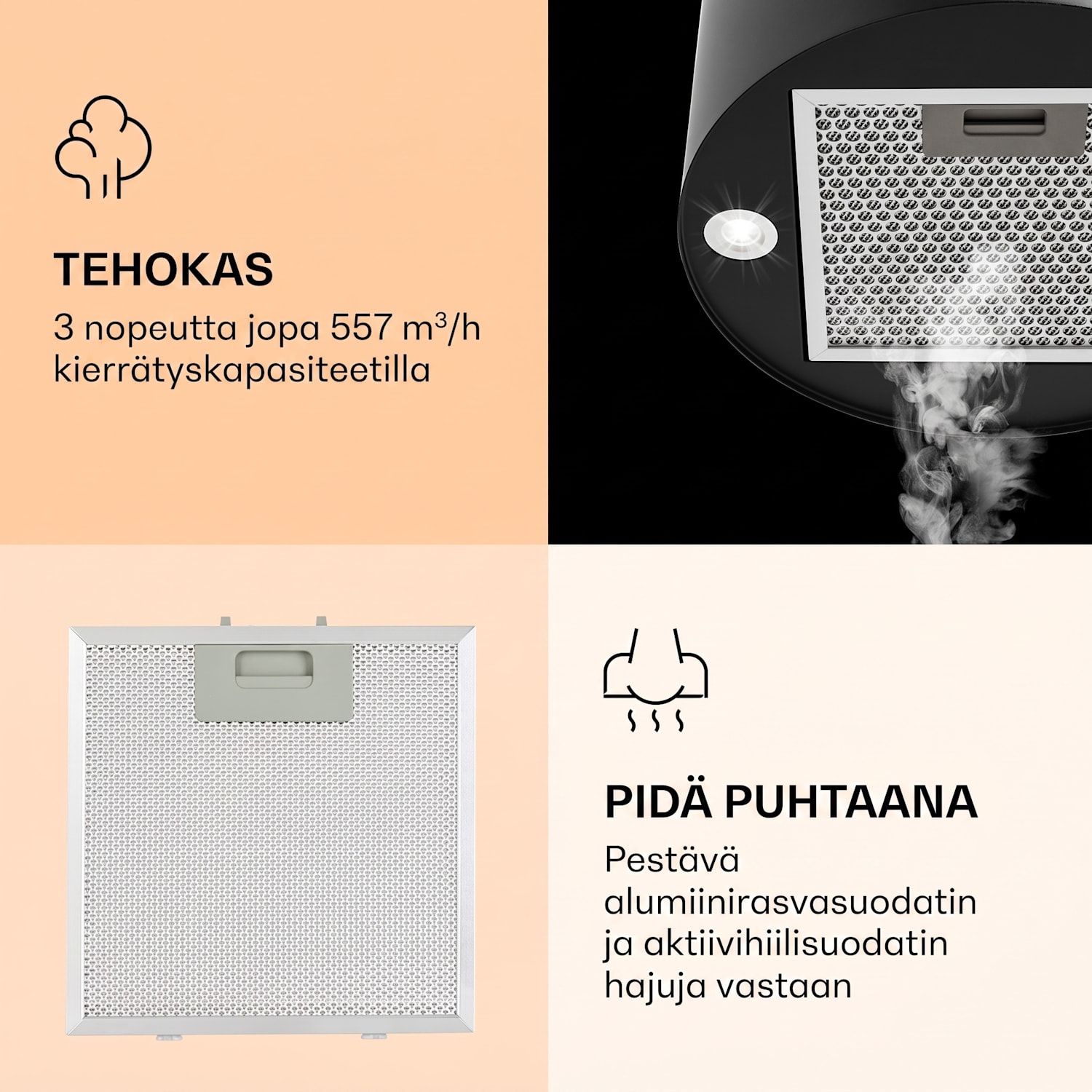 Barella liesituuletin 35 x 93 cm (Ø x K) kiertoilma 518 m³/h LED aktiivihiilisuodatin Musta