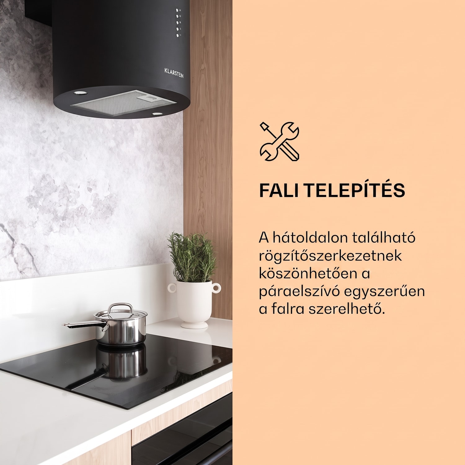 Barella, páraelszívó, 35 x 93 cm (Ø x M), recirkuláció, 557 m³/ó, LED Fekete