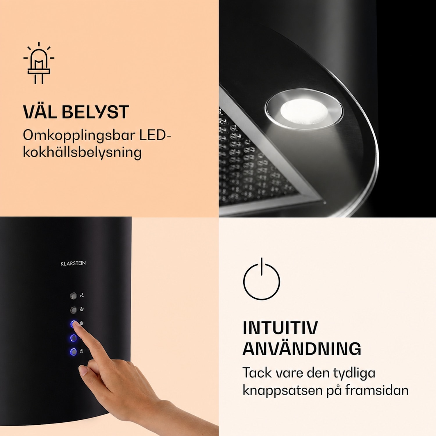 Barella Köksfläkt 35 x 93 cm (Ø x H) cirkulation 557 m³/h LED aktiva kolfilter 