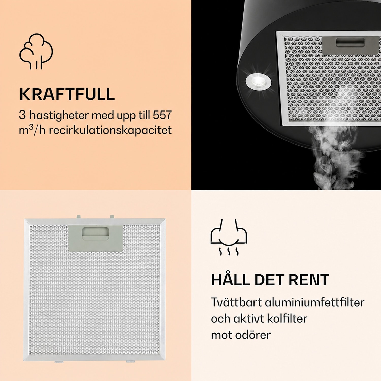Barella Köksfläkt 35 x 93 cm (Ø x H) cirkulation 557 m³/h LED aktiva kolfilter 