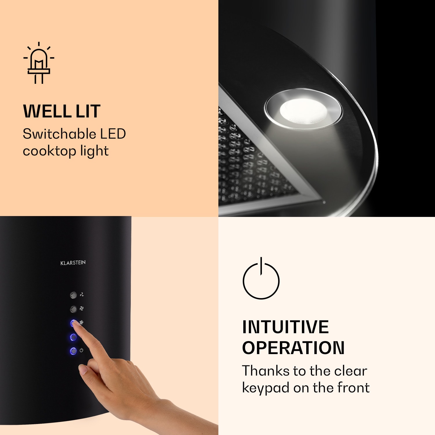 Barella cooker hood 35 x 93 cm (Ø x H) recirculation 557 m³/h LED activated charcoal filter Black