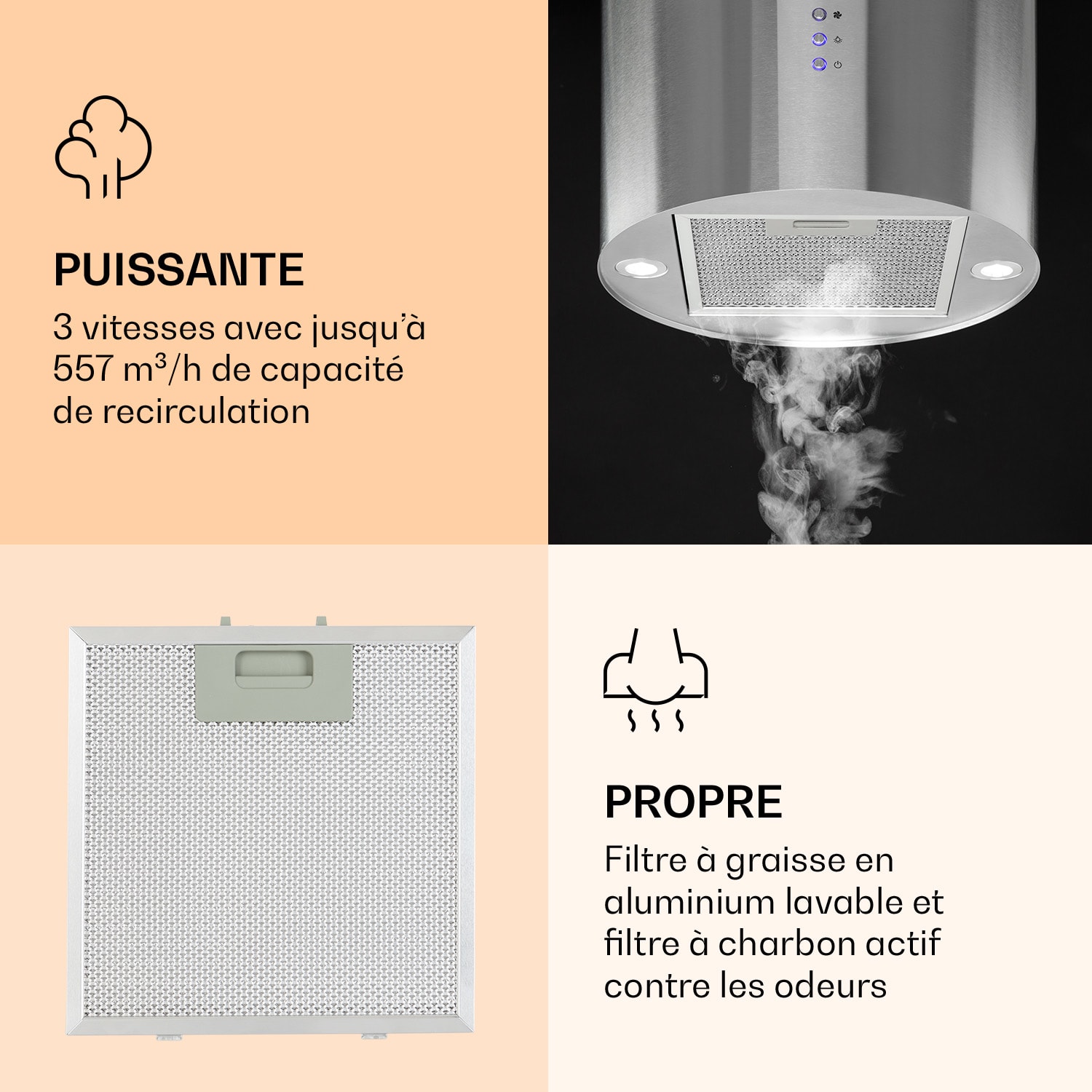 Barella Hotte aspirante 35 x 93 cm (Ø x h) Recyclage de l'air 518 m³/h LED Filtre à charbon actif Acier Inoxydable