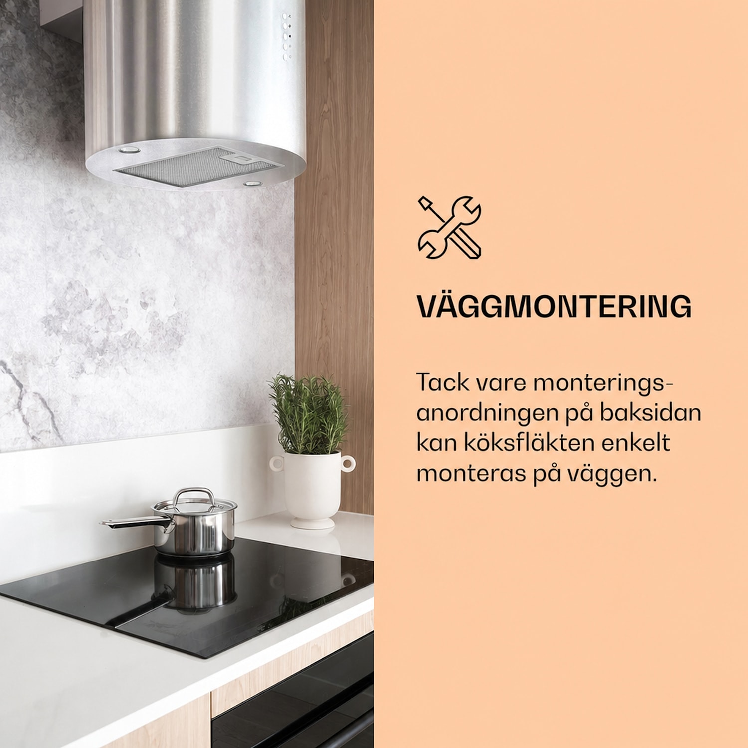 Barella Köksfläkt 35 x 93 cm (Ø x H) cirkulation 518 m³/h LED aktiva kolfilter Rostfritt Stål