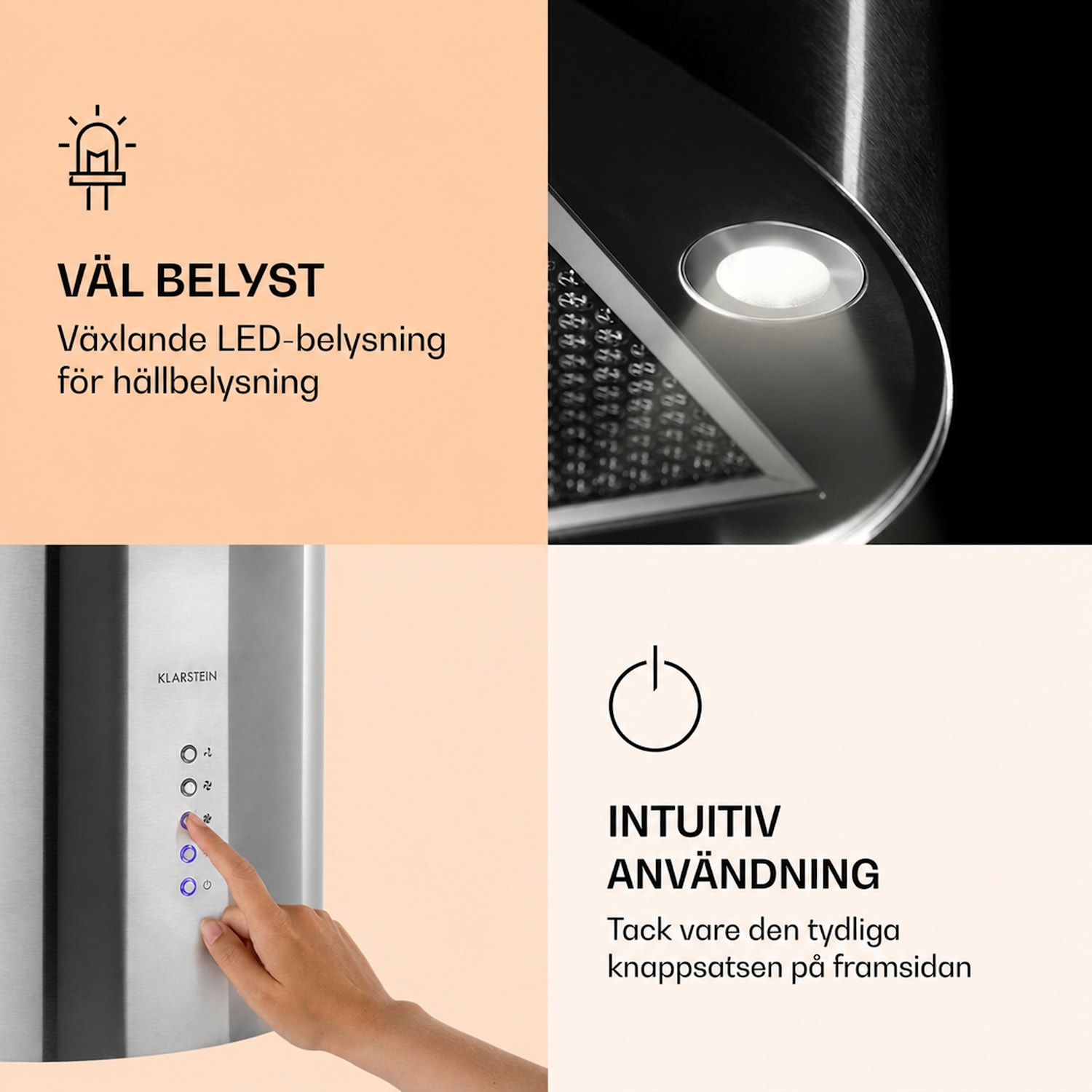 Barella Köksfläkt 35 x 93 cm (Ø x H) cirkulation 518 m³/h LED aktiva kolfilter Rostfritt Stål
