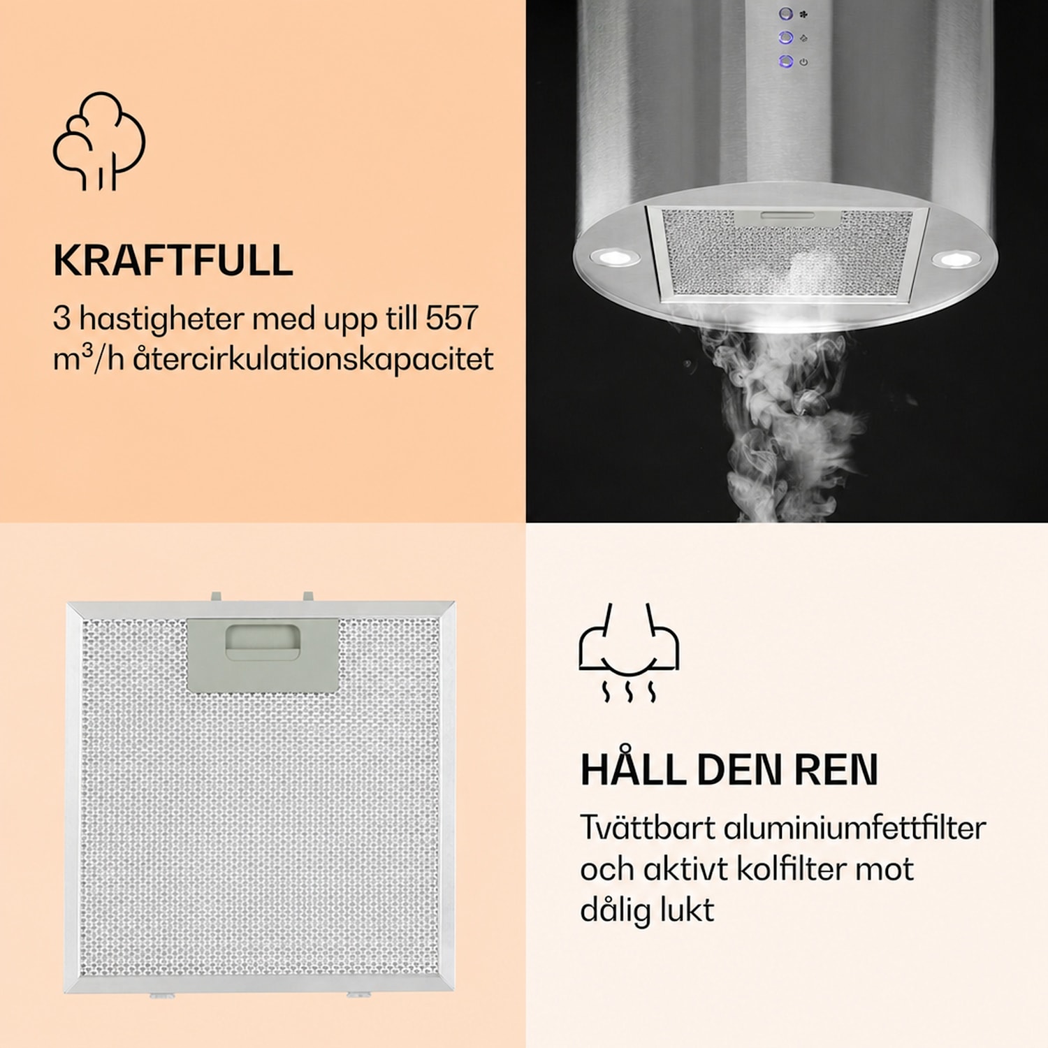 Barella Köksfläkt 35 x 93 cm (Ø x H) cirkulation 518 m³/h LED aktiva kolfilter Rostfritt Stål