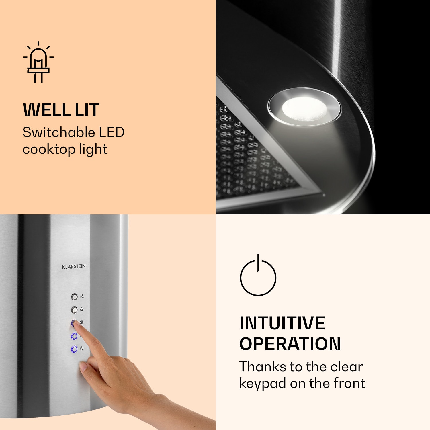 Barella cooker hood 35 x 93 cm (Ø x H) recirculation 557 m³/h LED activated charcoal filter Stainless Steel