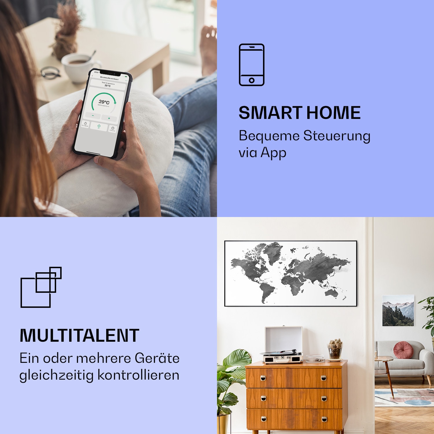 Wonderwall Air Art Smart Infrarotheizung Schwarze Karte 120x60cm 700W 120 x 60 cm | 700 W | Weltkarte – Grau