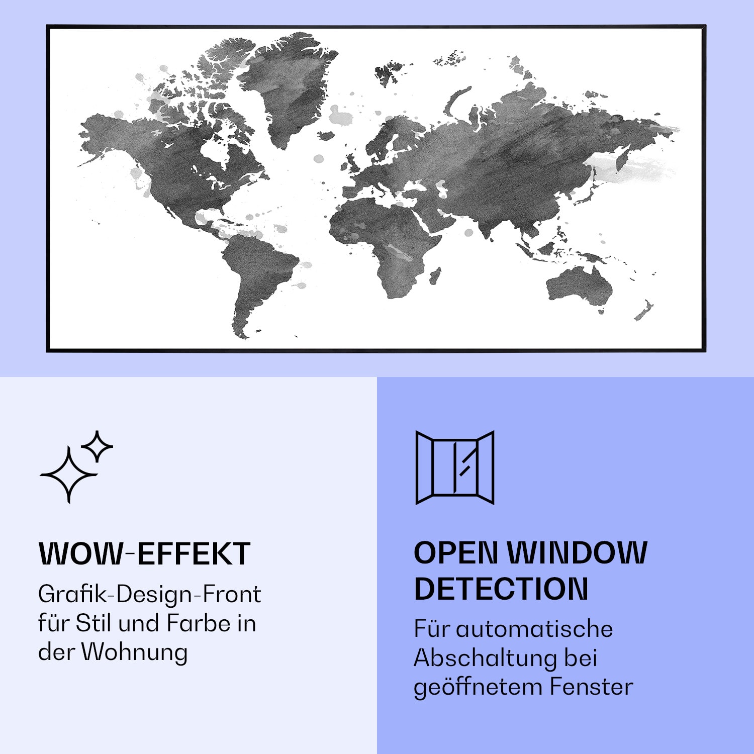Wonderwall Air Art Smart Infrarotheizung Schwarze Karte 120x60cm 700W 120 x 60 cm | 700 W | Weltkarte – Grau