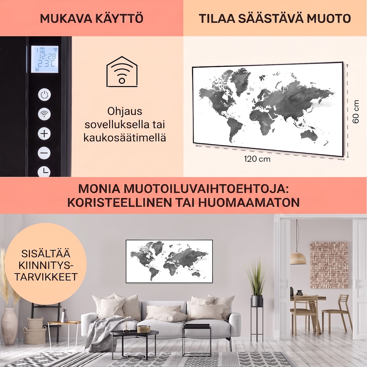 Wonderwall Air Art Smart infrapunalämmitin musta kartta 120 x 60 cm 700 W 120 x 60 cm | 700 W | World Map Grey