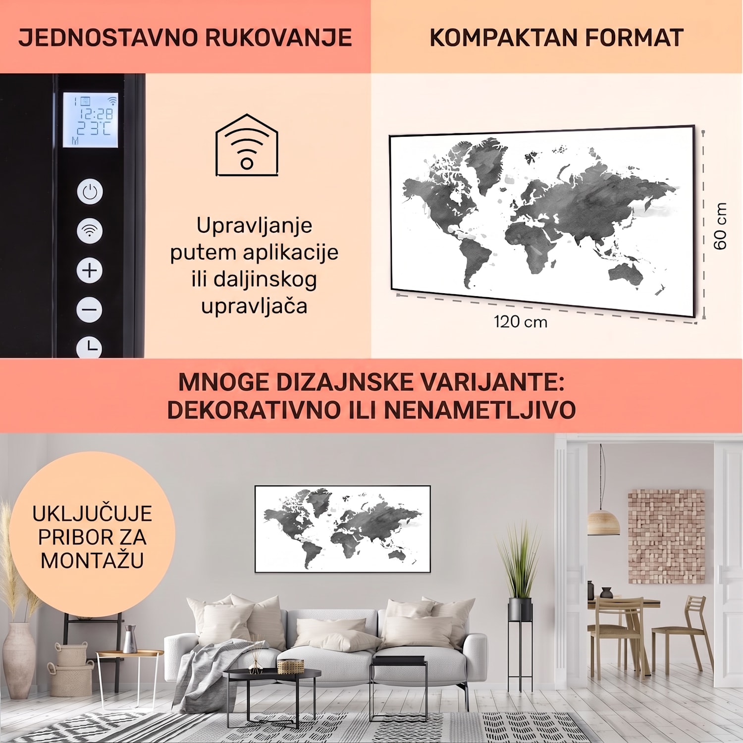 Wonderwall Air Art Smart, infracrveni grijač, crna karta, 120 x 60 cm, 700 W 120 x 60 cm | 700 W | Karta svijeta – siva