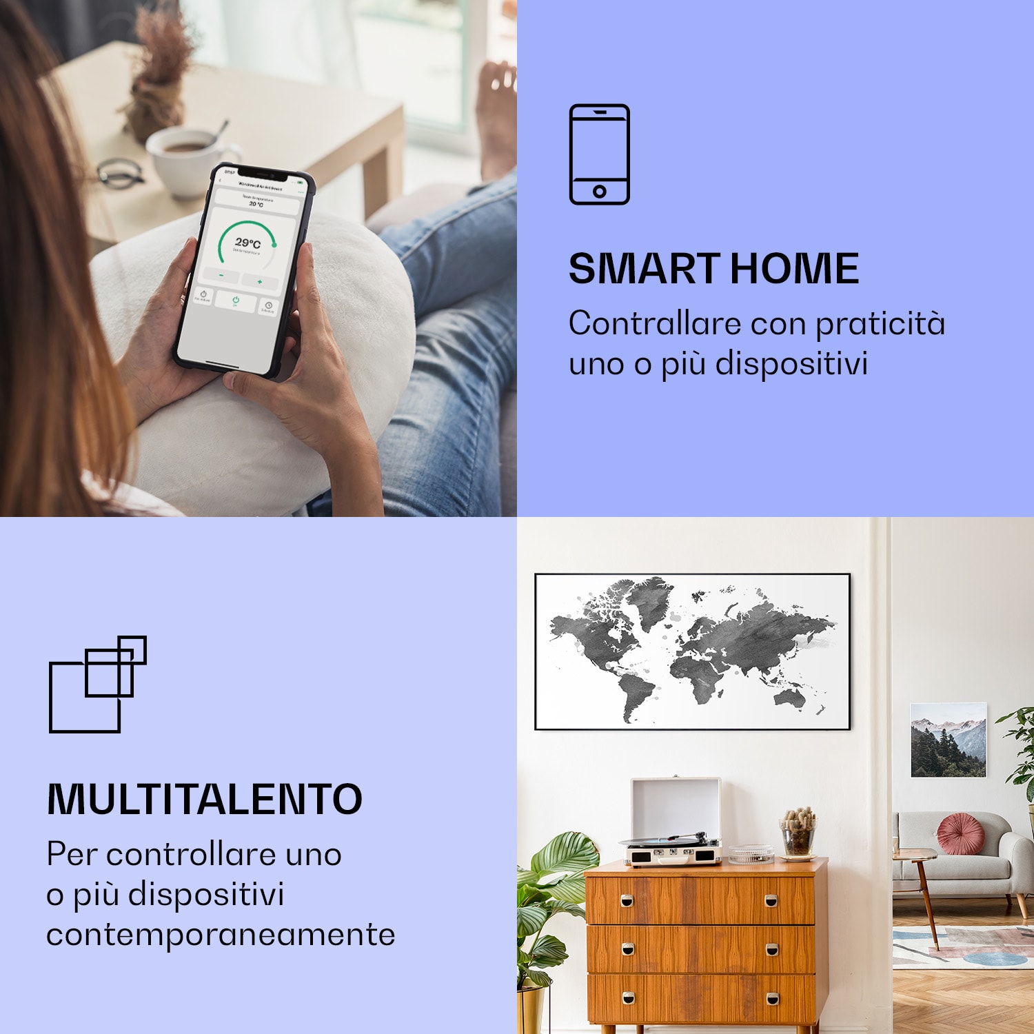 Wonderwall Air Art Smart Riscaldatore a infrarossi Mappa nera 120x60cm 700W 