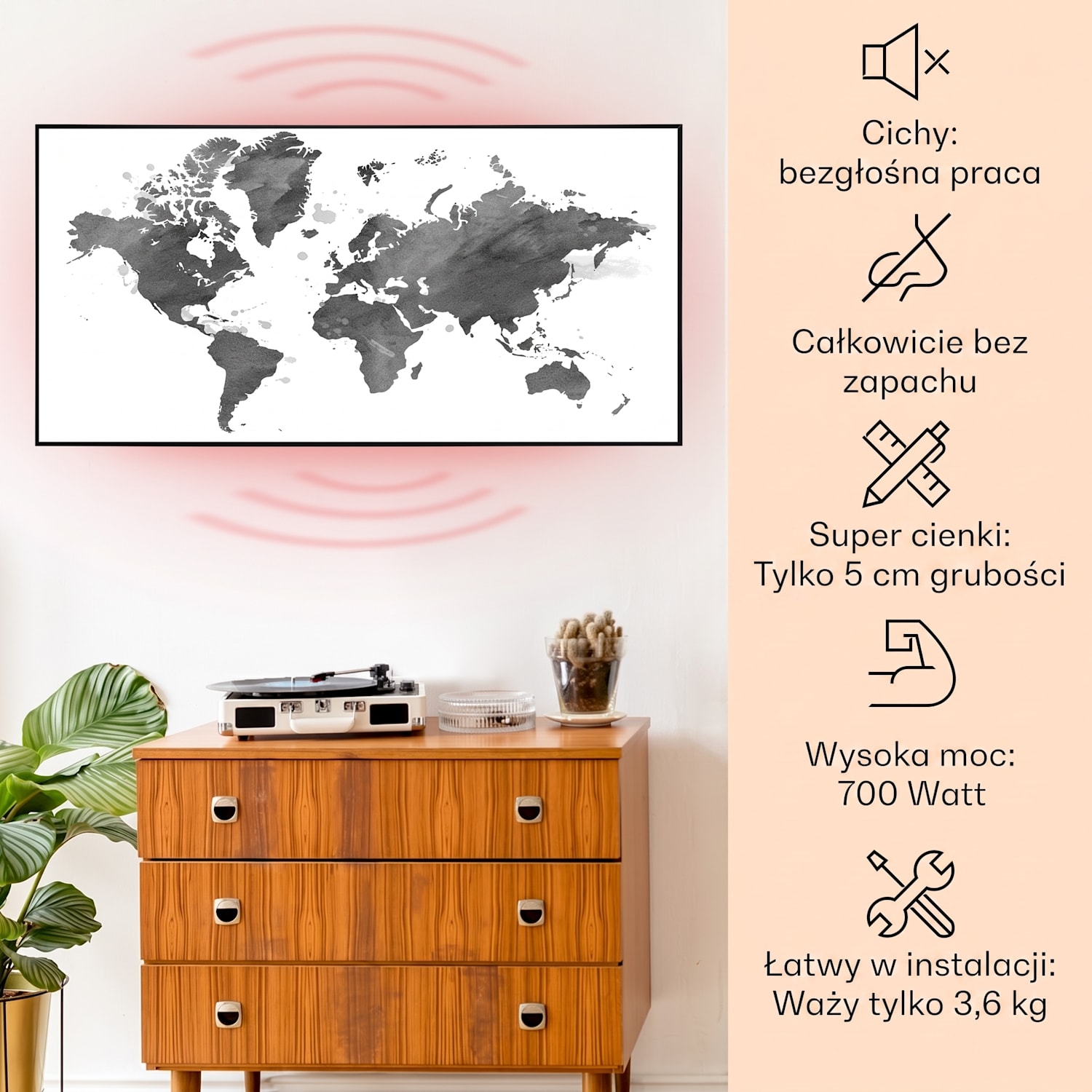 Wonderwall Air Art Smart, panel grzewczy na podczerwień, grzejnik, 120 x 60 cm, 700 W, czarna mapa 120 x 60 cm | 700 W | Mapa świata – szara
