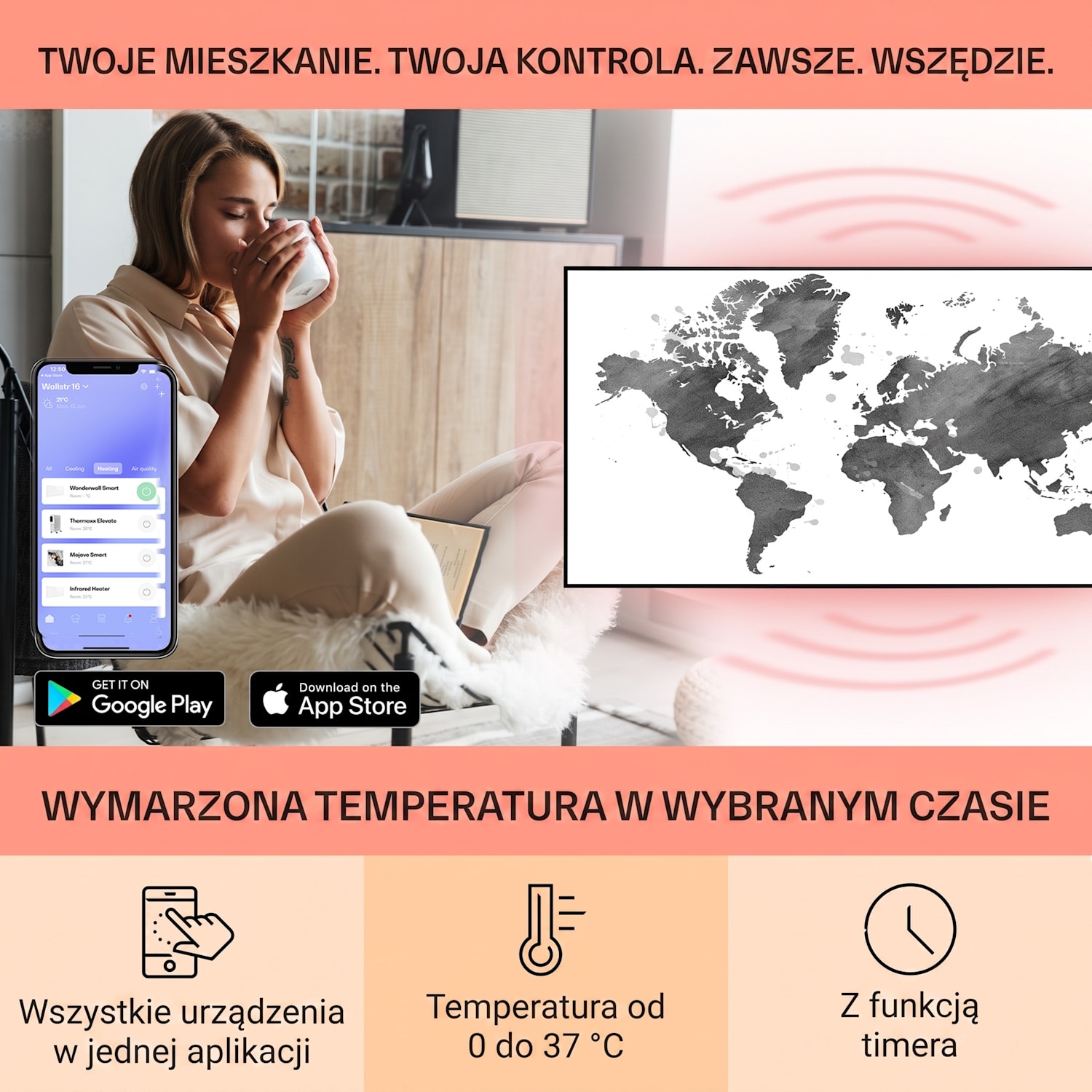 Wonderwall Air Art Smart, panel grzewczy na podczerwień, grzejnik, 120 x 60 cm, 700 W, czarna mapa 120 x 60 cm | 700 W | Mapa świata – szara