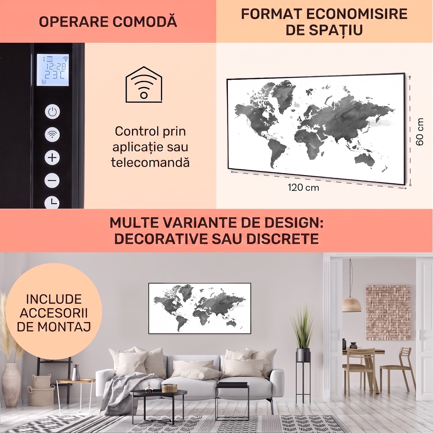 Wonderwall Air Art Smart, încălzitor cu infraroșu, hartă neagră, 120 x 60 cm, 700 W 120 x 60 cm | 700 W | Hartă a lumii – gri