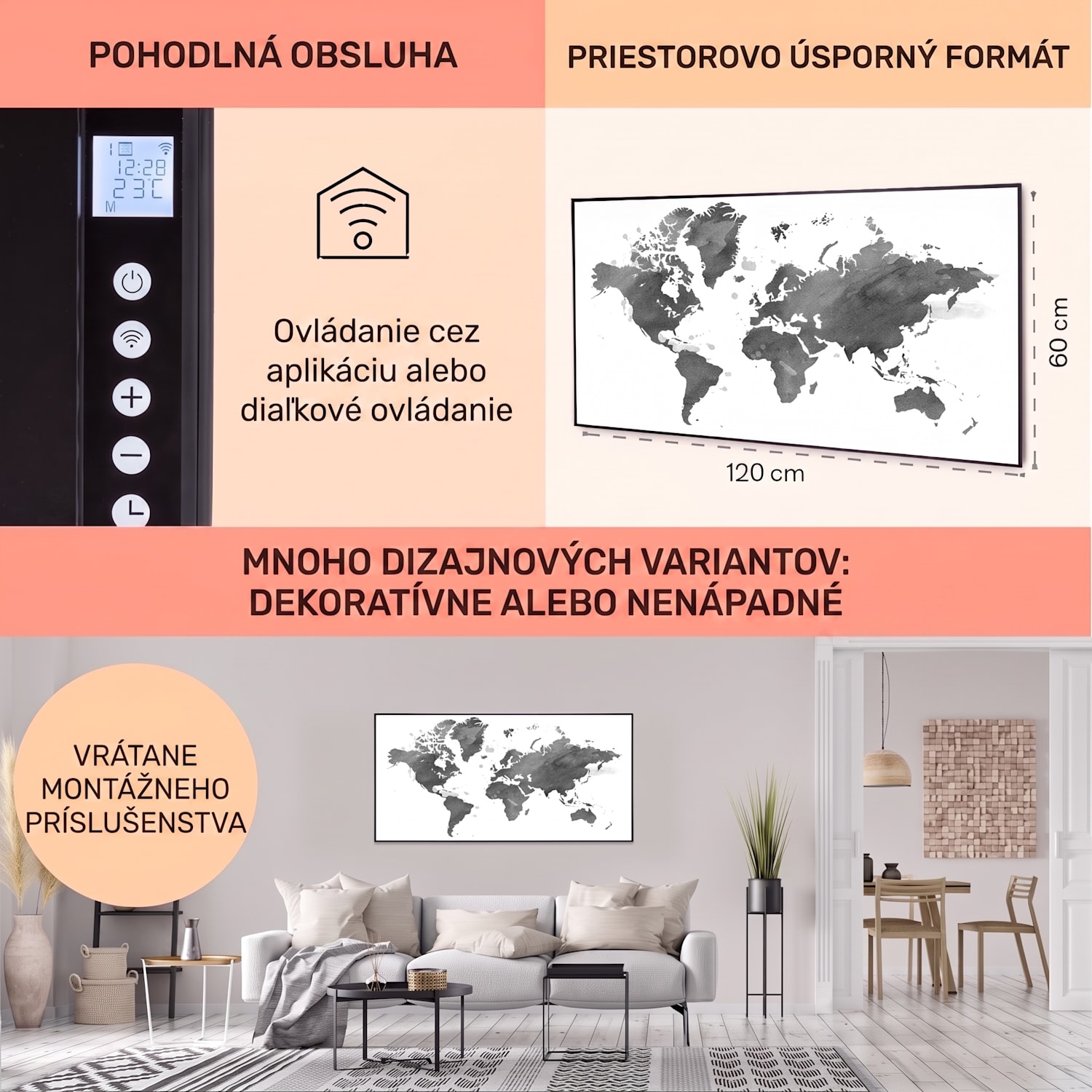 Wonderwall Air Art Smart, infračervený ohrievač, 120 x 60 cm, 700 W, čierna mapa 120 x 60 cm | 700 W | Mapa sveta – sivá