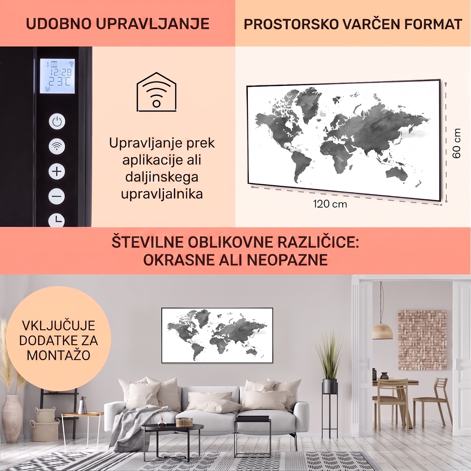 Wonderwall Air Art Smart, infrardeči grelnik, črni zemljevid, 120 x 60 cm, 700 W 120 x 60 cm | 700 W | Zemljevid sveta – siva
