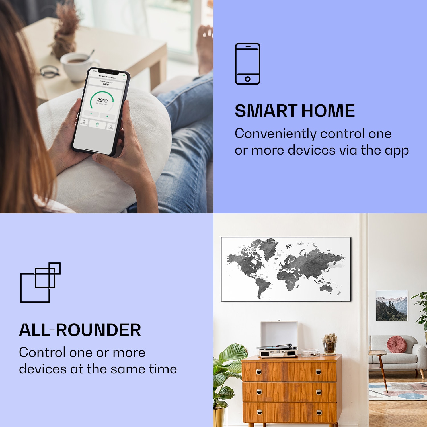 Wonderwall Air Art Smart, infračervený ohrievač, 120 x 60 cm, 700 W, čierna mapa 120 x 60 cm | 700 W | Mapa sveta – sivá