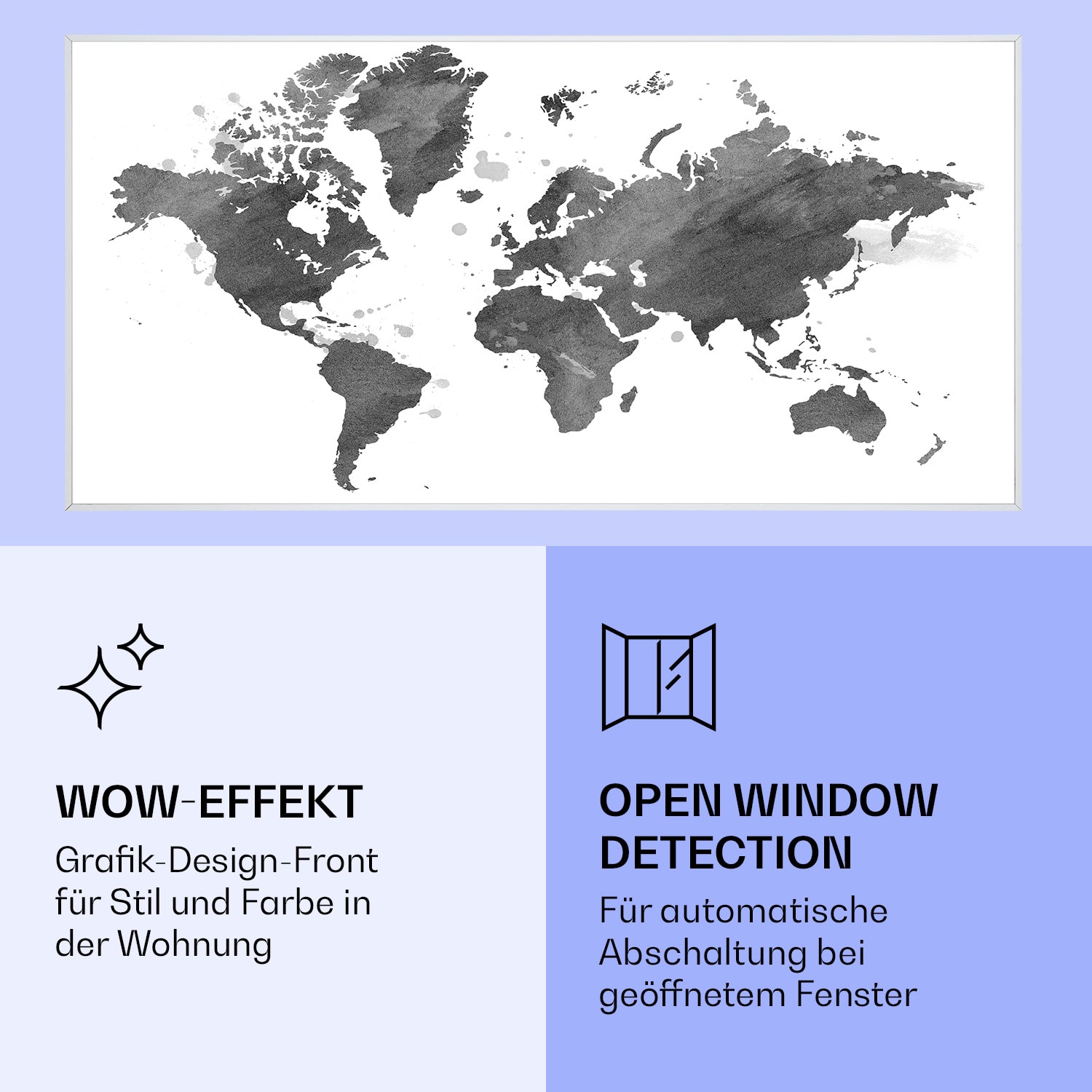 Wonderwall Air Art Smart Riscaldatore a infrarossi Mappa nera 120x60cm 700W 120 x 60 cm | Mappa nera, cornice bianca