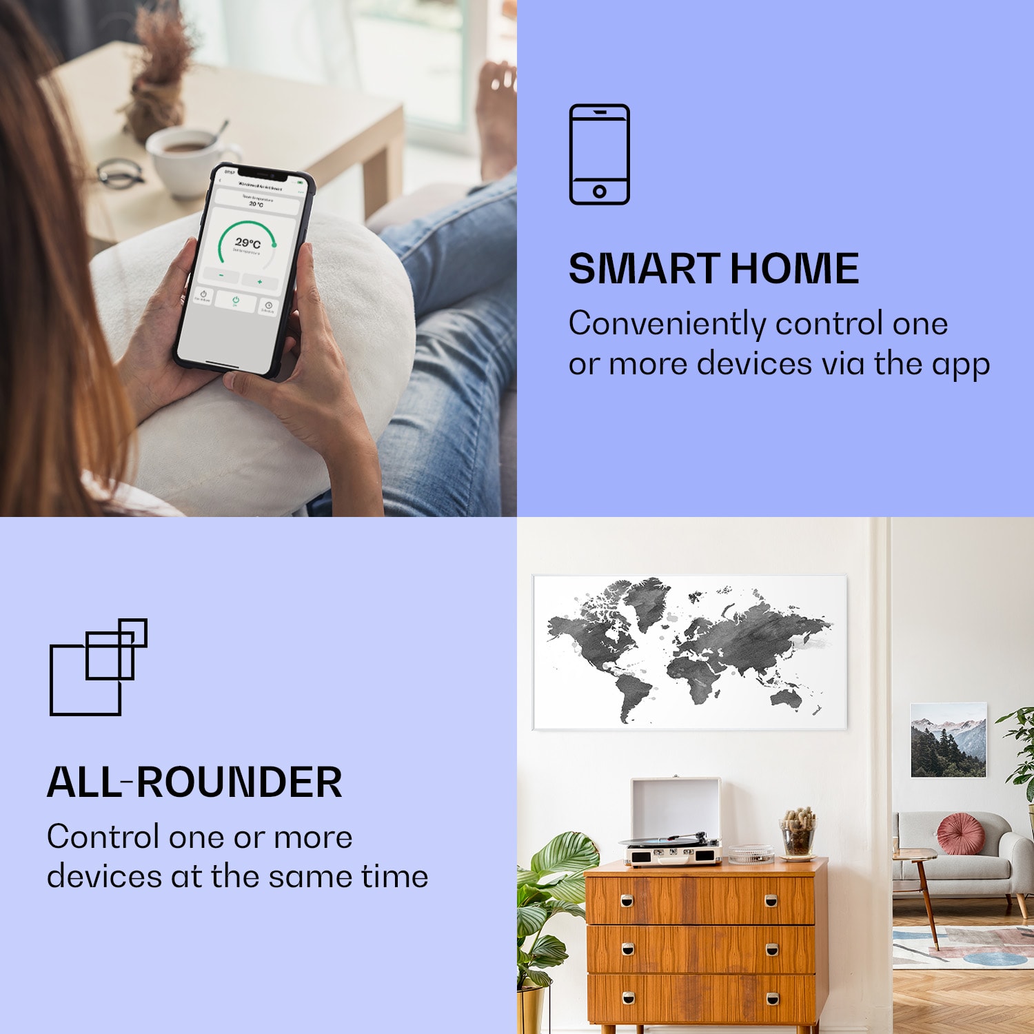 Wonderwall Air Art Smart, infračervený ohrievač, 120 x 60 cm, 700 W, čierna mapa 120 x 60 cm | Čierna mapa, biely rám