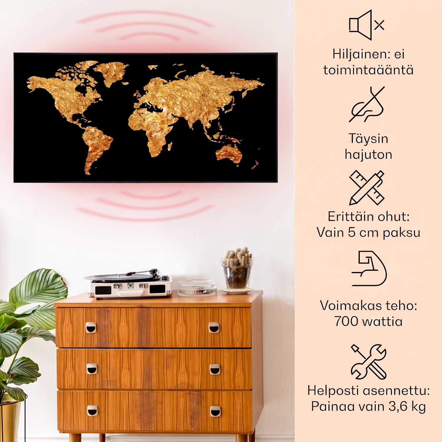 Wonderwall Air Art Smart infrapunalämmitin kultainen kartta 120 x 60 cm 700 W 120 x 60 cm | Golden Kartta, musta kehys