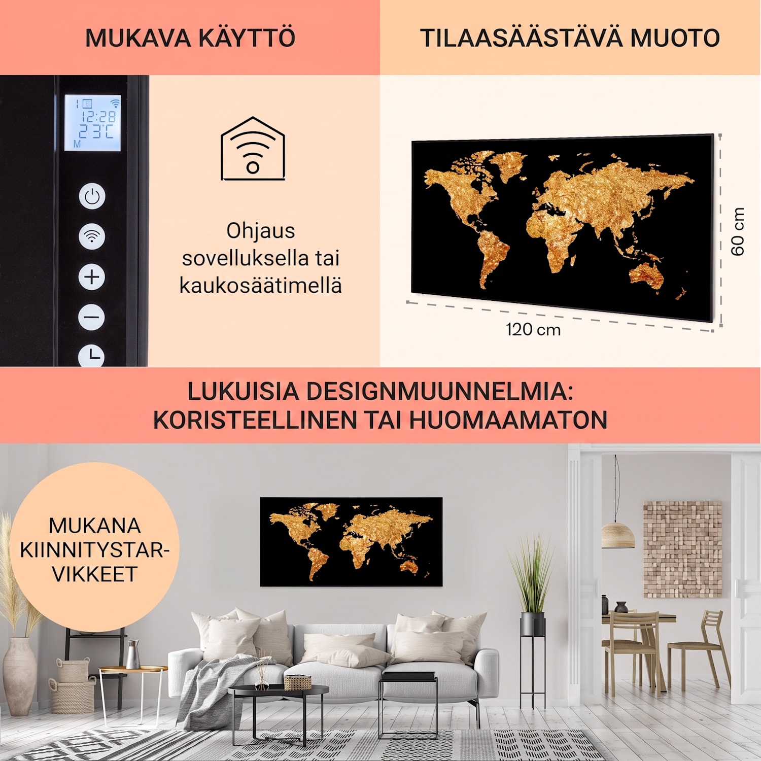 Wonderwall Air Art Smart infrapunalämmitin kultainen kartta 120 x 60 cm 700 W 120 x 60 cm | Golden Kartta, musta kehys