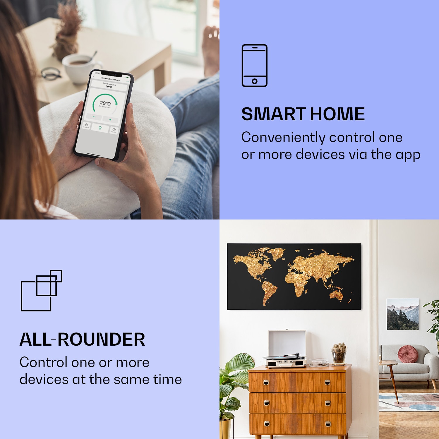 Wonderwall Air Art Smart, infračervený ohrievač, 120 x 60 cm, 700 W, zlatá mapa 120 x 60 cm | Zlatá mapa, čierny rám