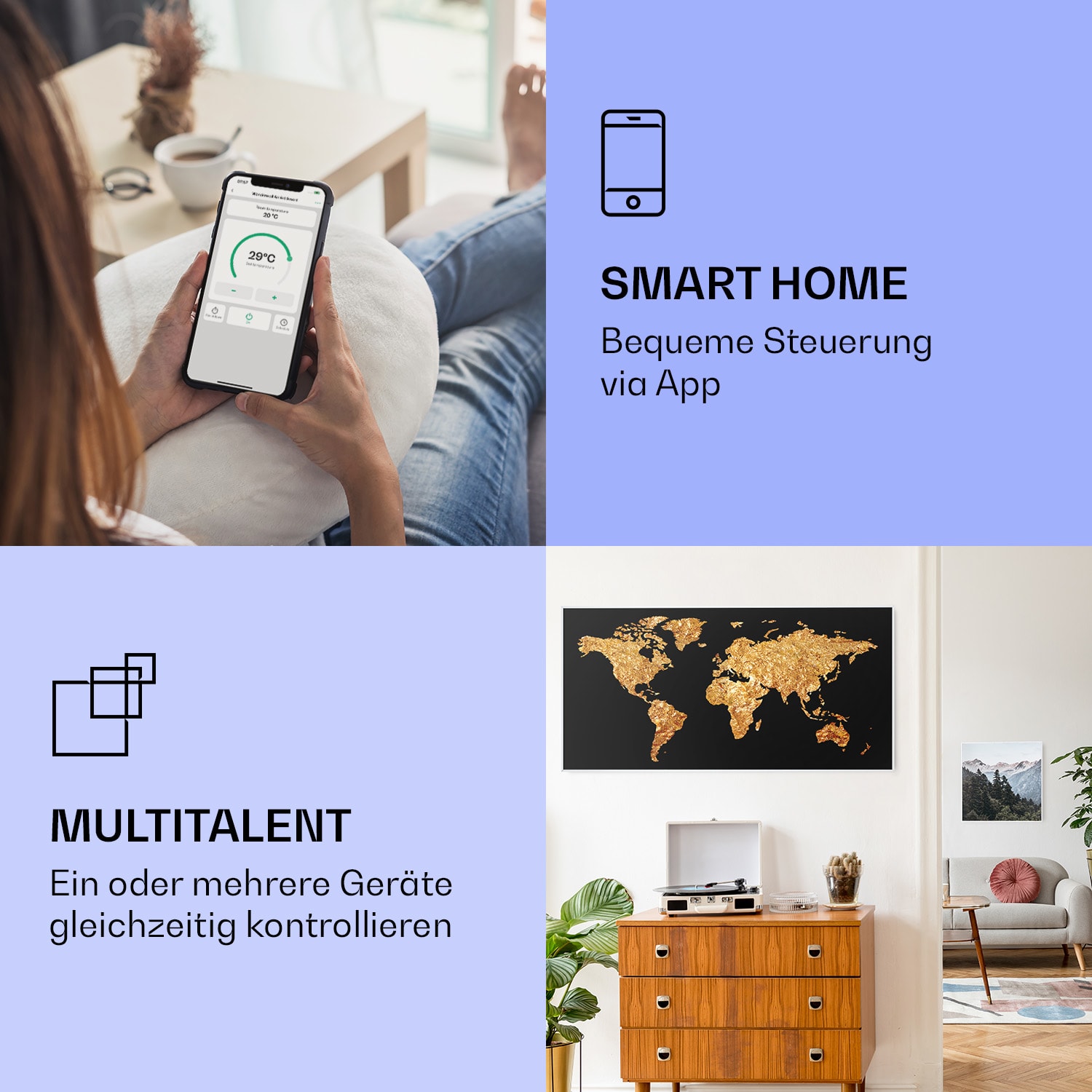 Wonderwall Air Art Smart Infrarotheizung Goldene Karte 120x60cm 700W 120 x 60 cm | Goldene Karte, weißer Rahmen