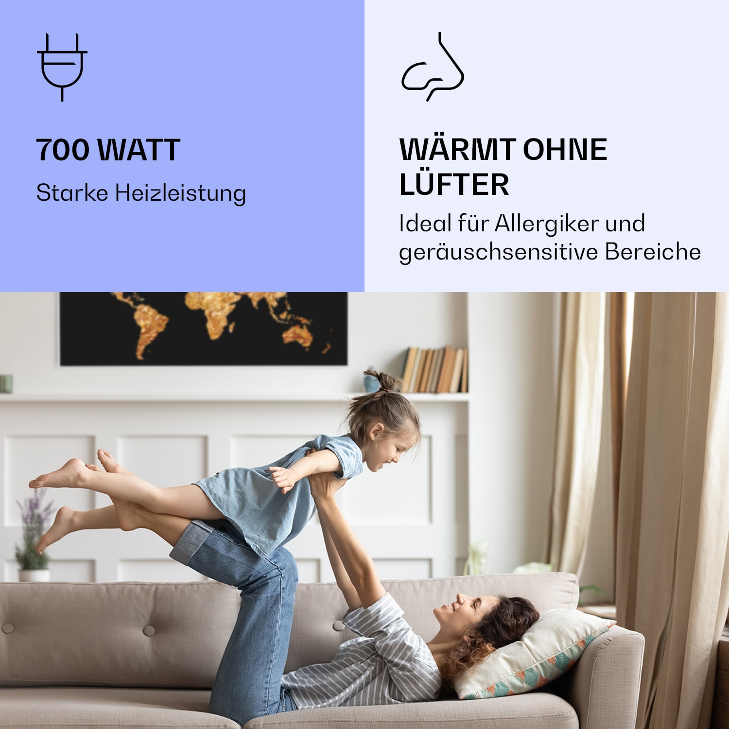 Wonderwall Air Art Smart Infrarotheizung Goldene Karte 120x60cm 700W 120 x 60 cm | Goldene Karte, weißer Rahmen