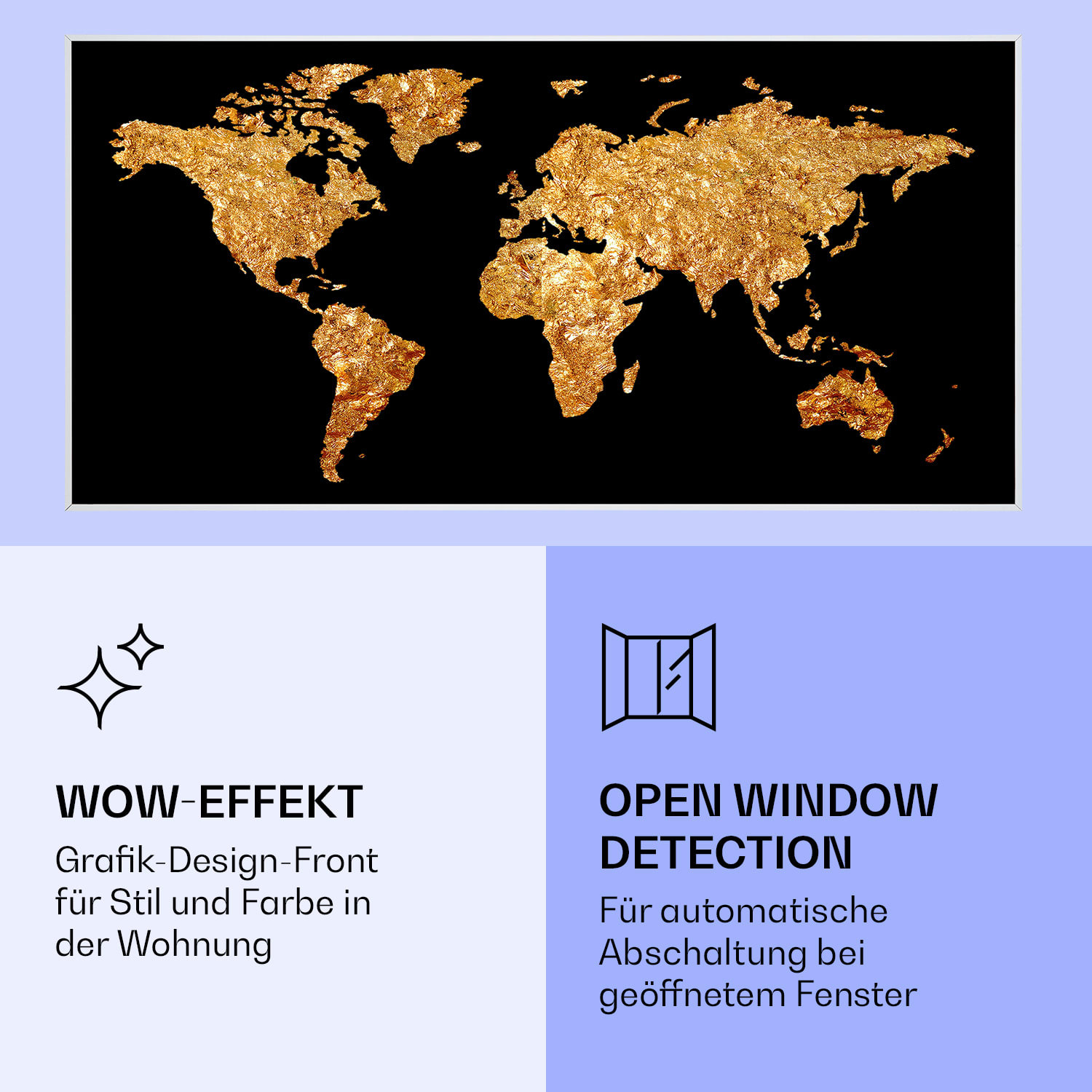 Wonderwall Air Art Smart Infrarotheizung Goldene Karte 120x60cm 700W 120 x 60 cm | Goldene Karte, weißer Rahmen