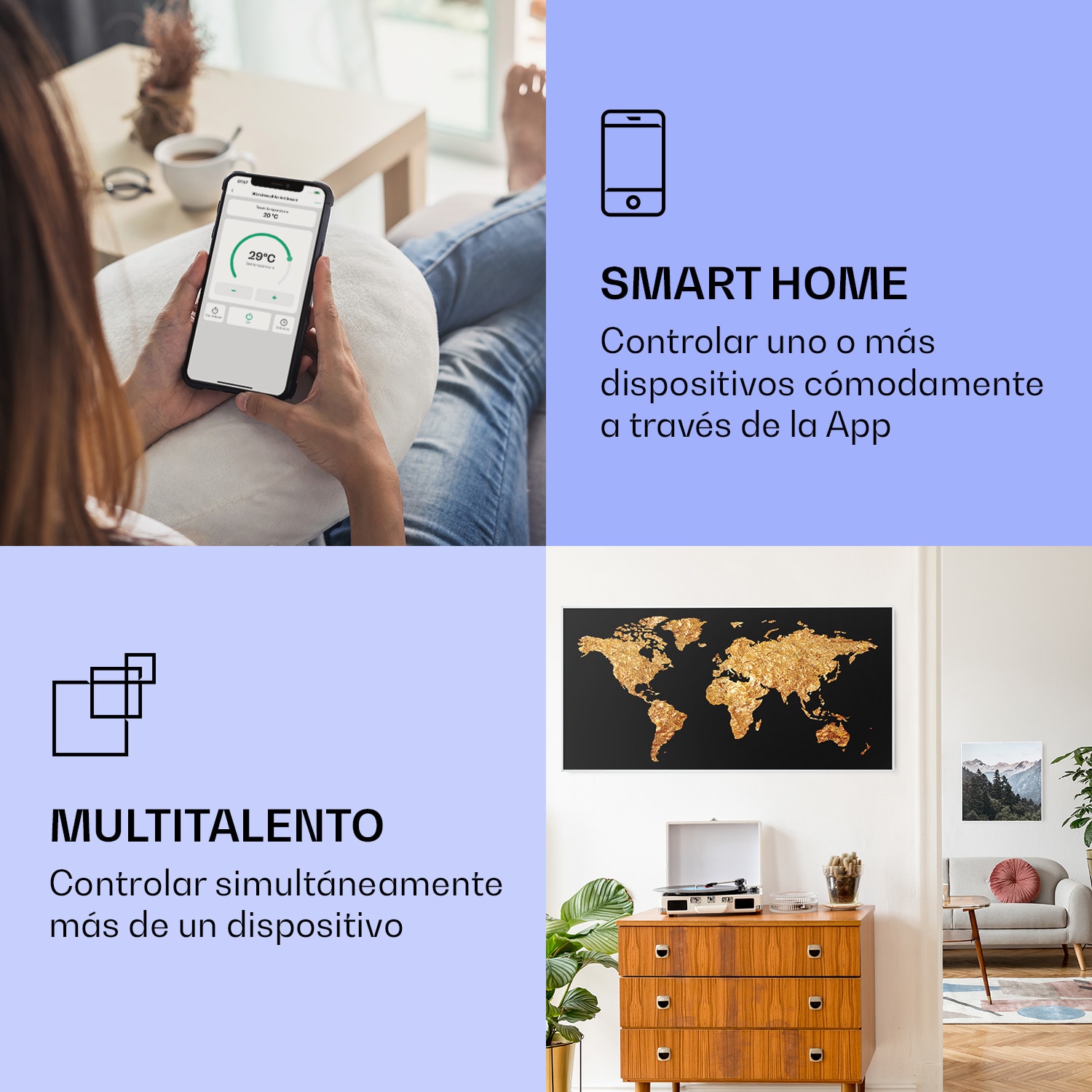 Wonderwall Air Art Calefactor infrarrojo inteligente dorado 120 x 60 cm 700 W 120 x 60 cm | Mapa de oro, marco blanco