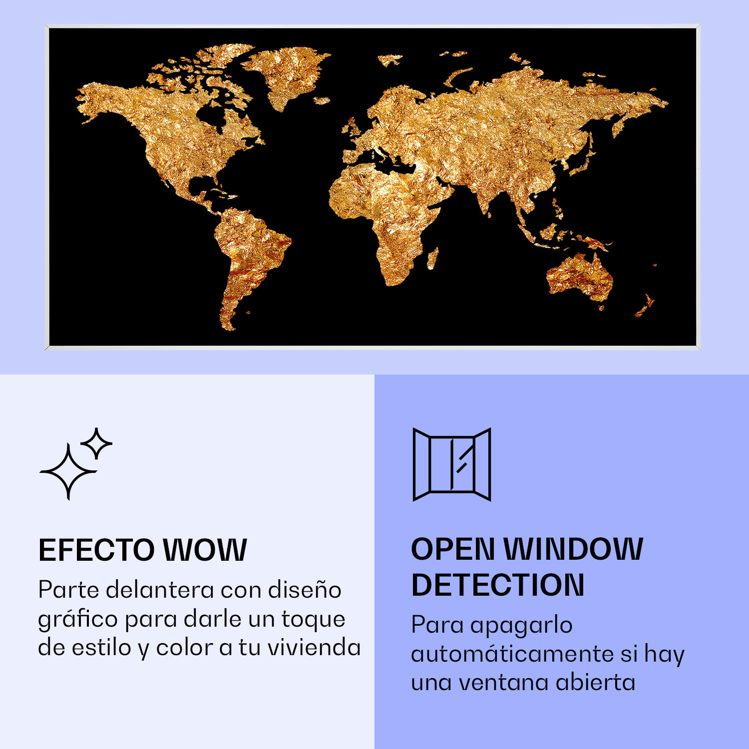 Wonderwall Air Art Calefactor infrarrojo inteligente dorado 120 x 60 cm 700 W 120 x 60 cm | Mapa de oro, marco blanco