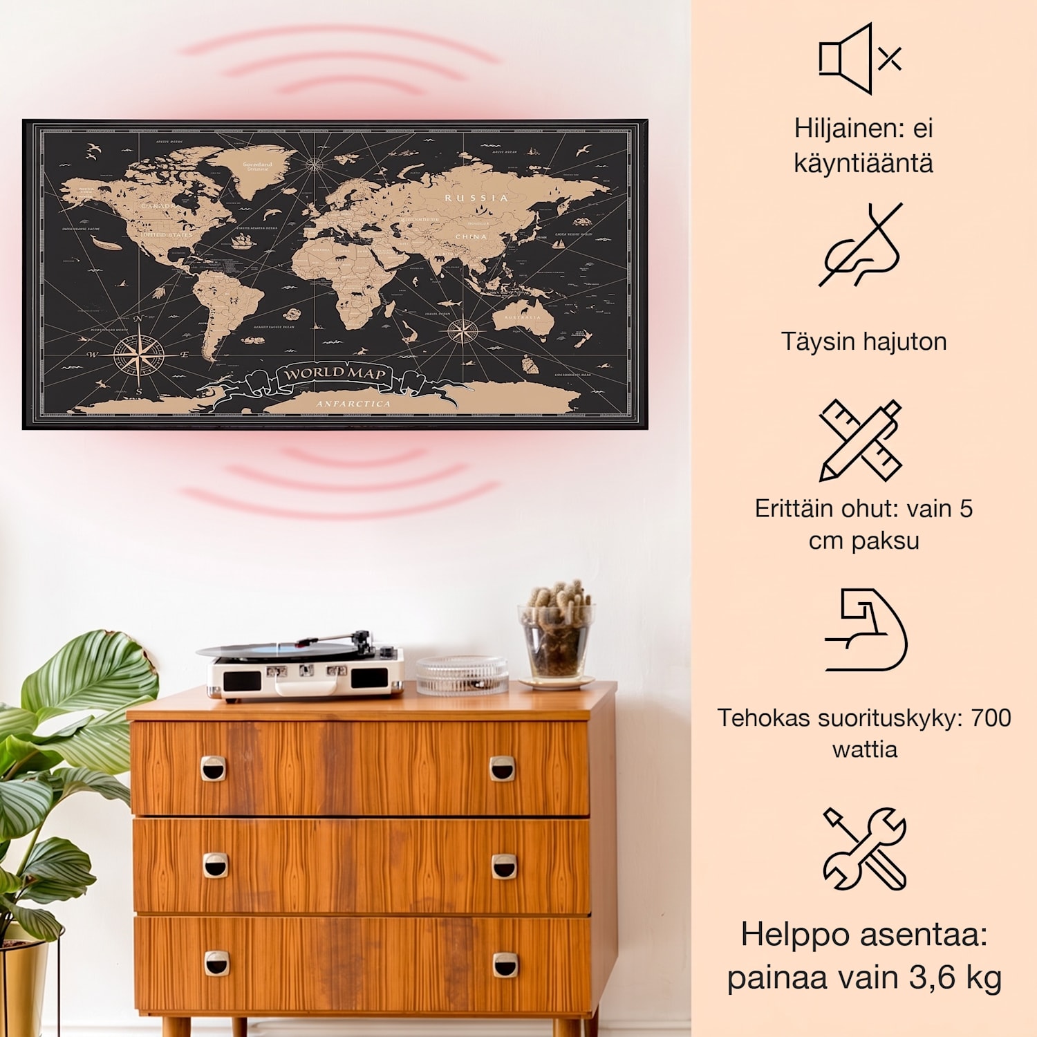 Wonderwall Air Art Smart infrapunalämmitin yökartta 120 x 60 cm 700 W 120 x 60 cm | 700 W | World Map Black