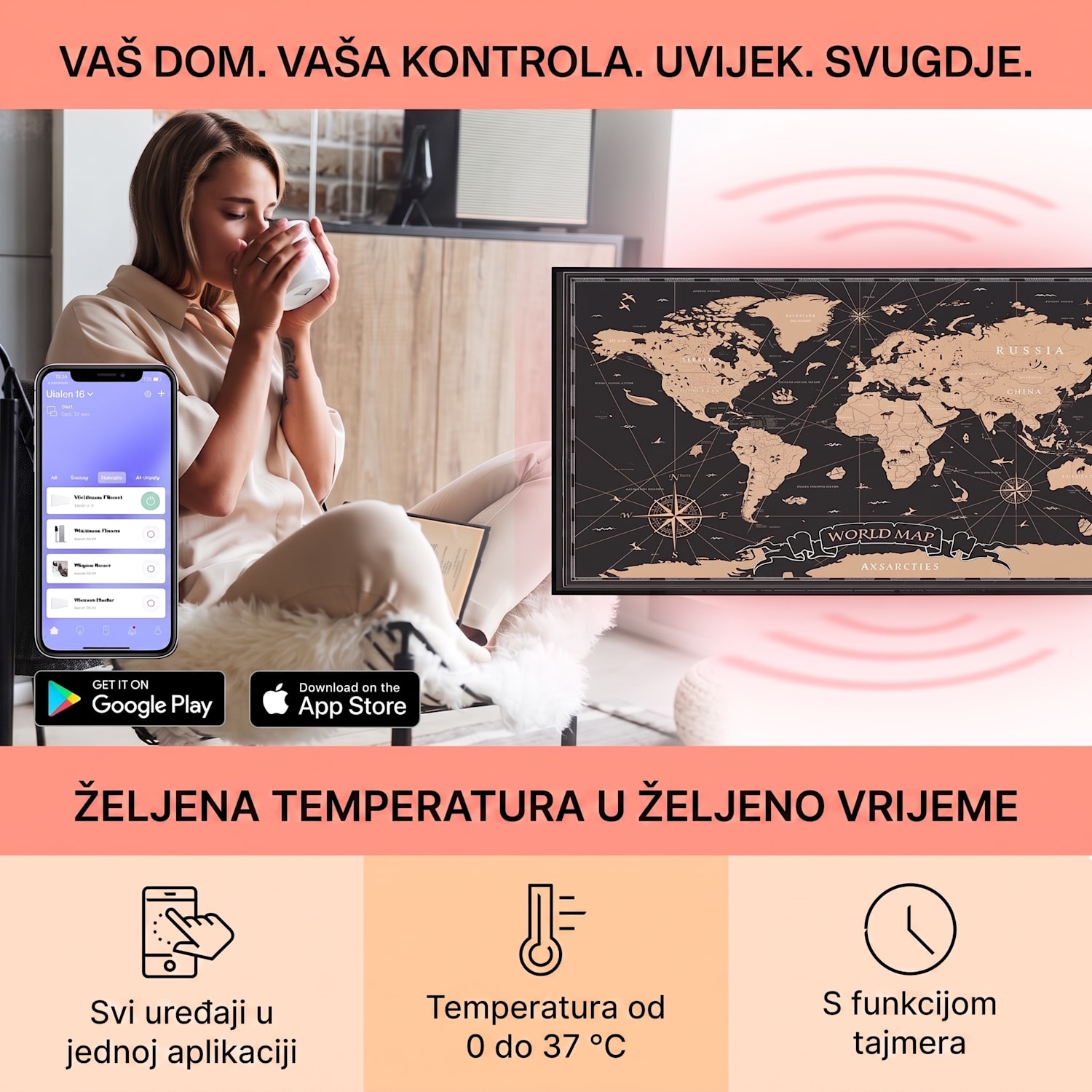 Wonderwall Air Art Smart, infracrveni grijač, noćna karta, 120 x 60 cm, 700 W 120 x 60 cm | 700 W | Karta svijeta – crna