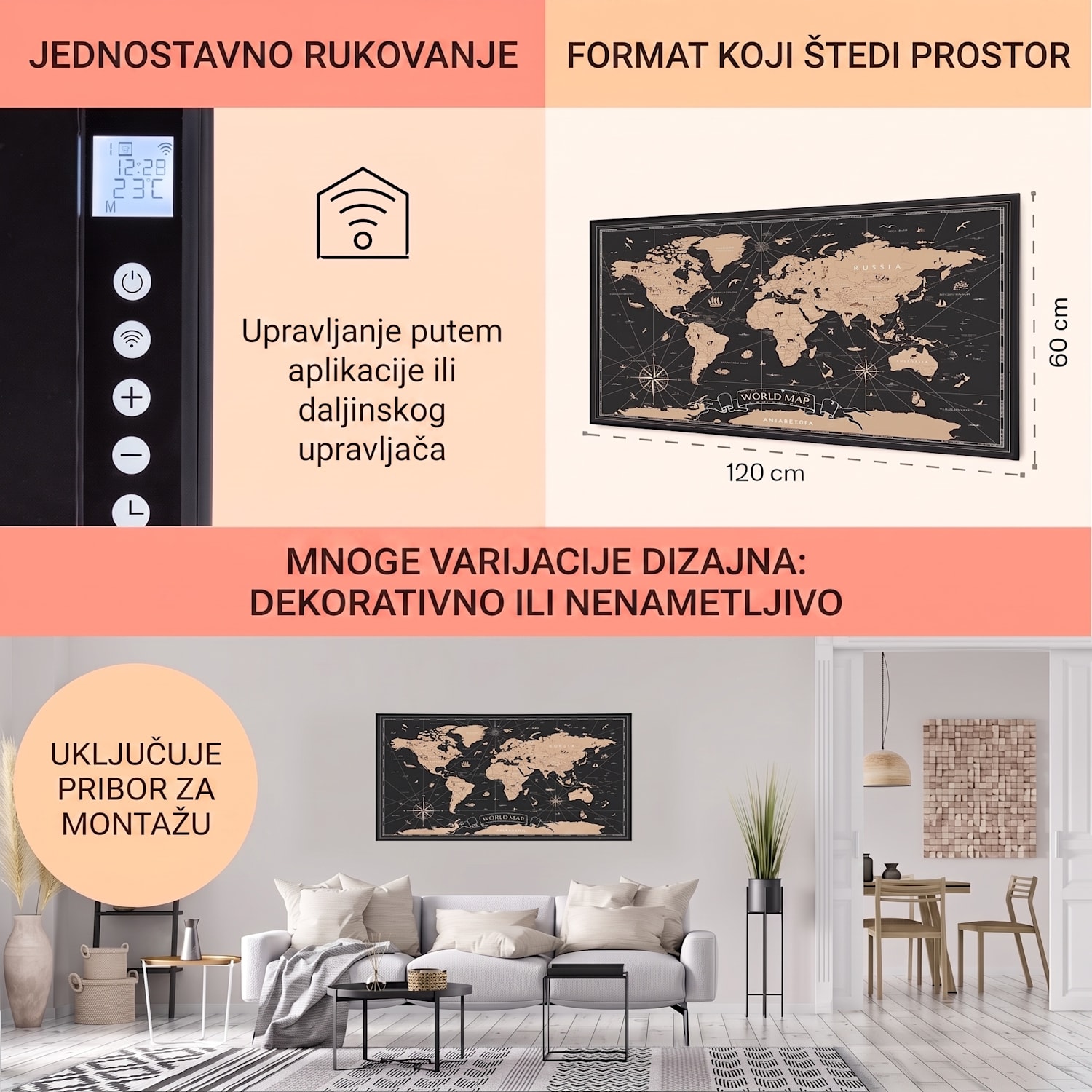 Wonderwall Air Art Smart, infracrveni grijač, noćna karta, 120 x 60 cm, 700 W 120 x 60 cm | 700 W | Karta svijeta – crna