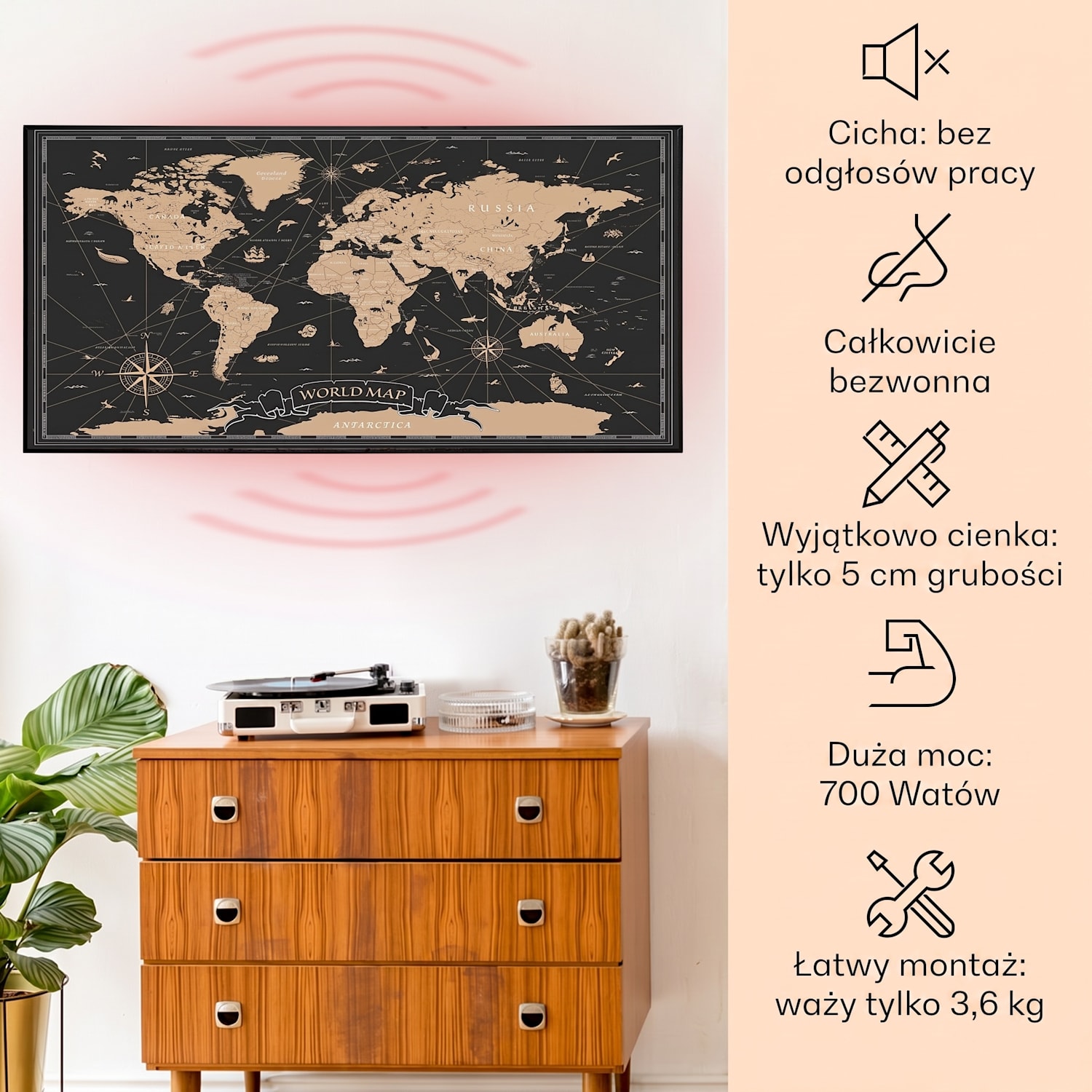 Wonderwall Air Art Smart, panel grzewczy na podczerwień, grzejnik, 120 x 60 cm, 700 W, nocna mapa 120 x 60 cm | 700 W | Mapa świata – czarna