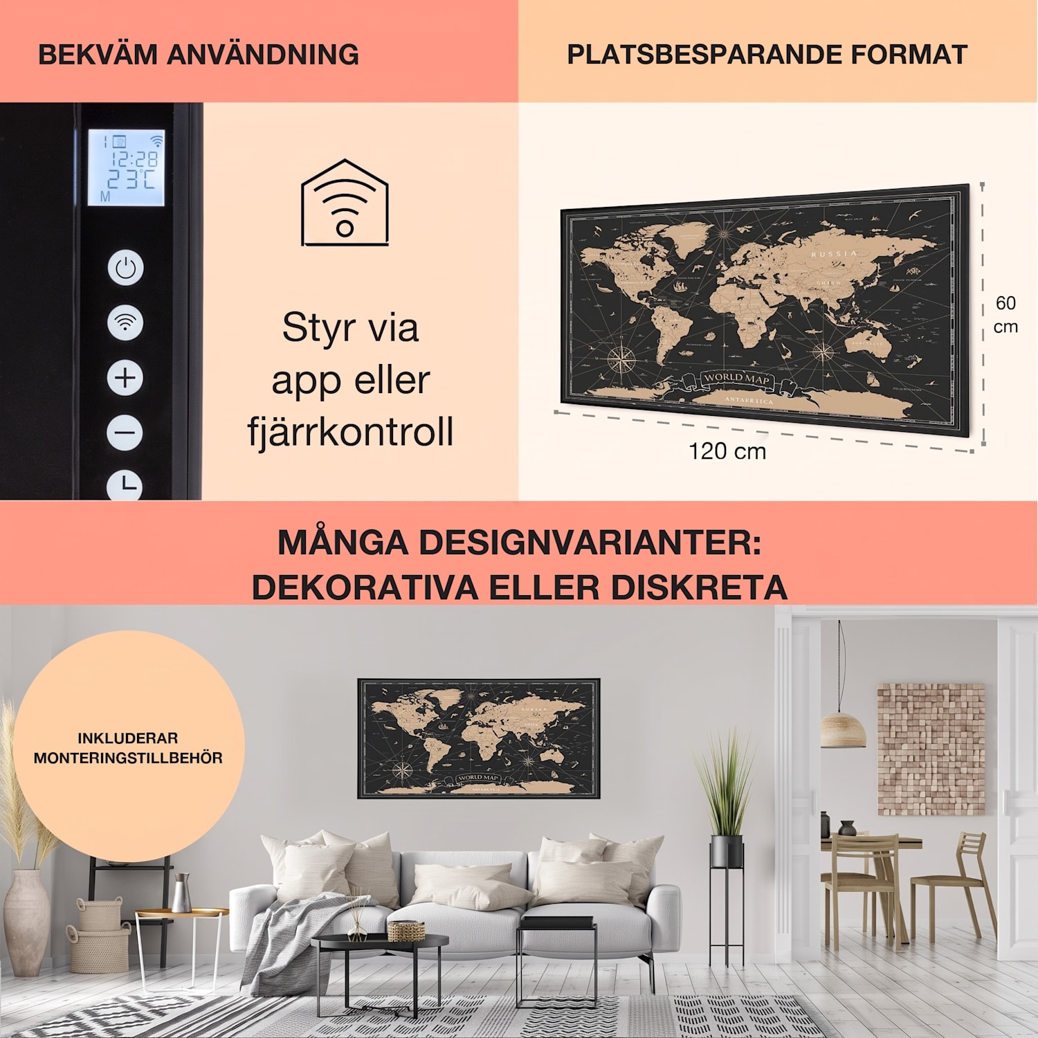 Wonderwall Air Art Smart IR-värmare Nattkarta 120x60cm 700 W 120 x 60 cm | 700 W | Världskarta – svart