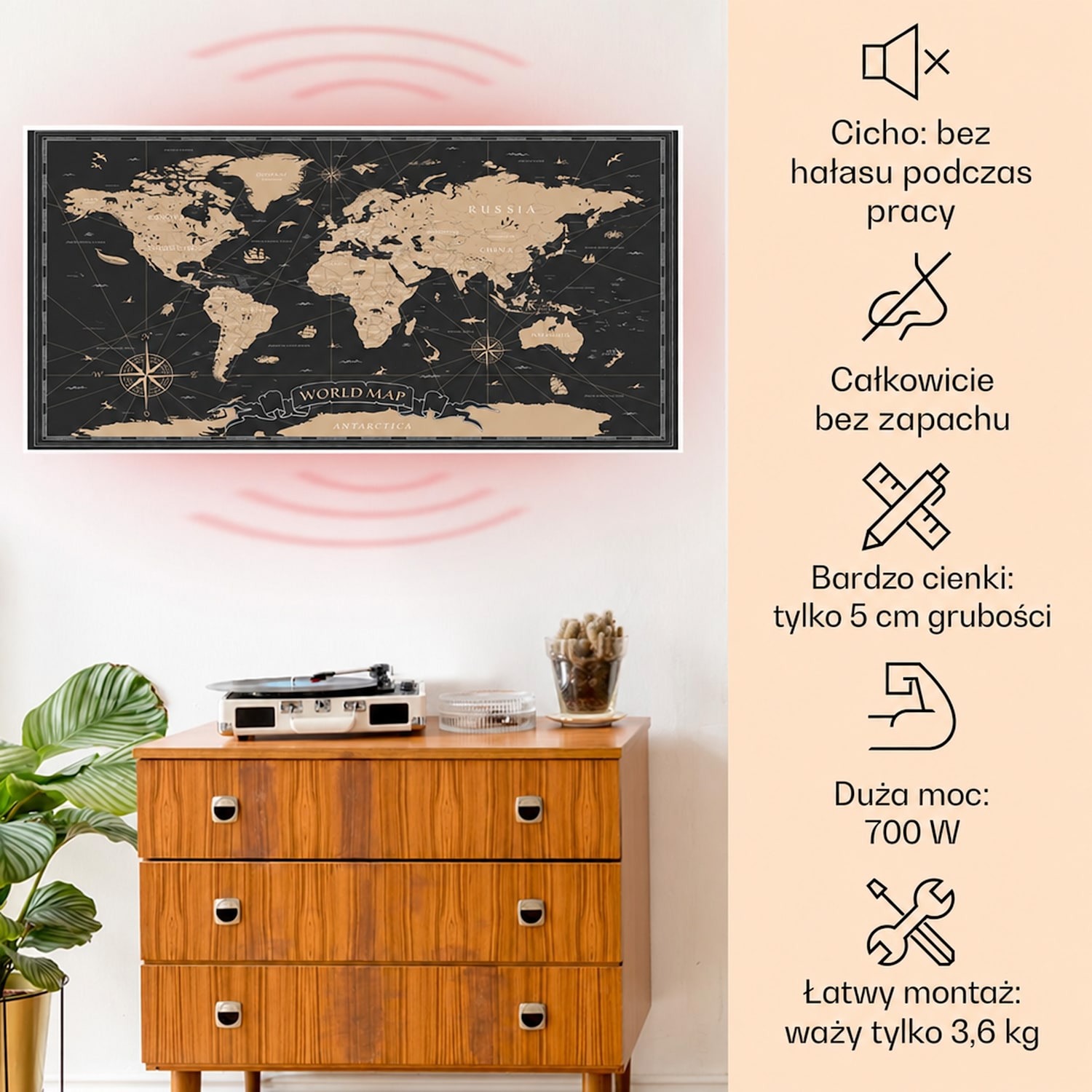 Wonderwall Air Art Smart, panel grzewczy na podczerwień, grzejnik, 120 x 60 cm, 700 W, złota mapa 120 x 60 cm | Mapa nocna, biała ramka