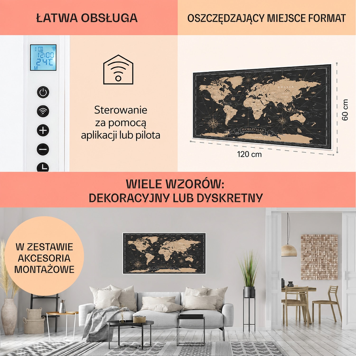 Wonderwall Air Art Smart, panel grzewczy na podczerwień, grzejnik, 120 x 60 cm, 700 W, złota mapa 120 x 60 cm | Mapa nocna, biała ramka