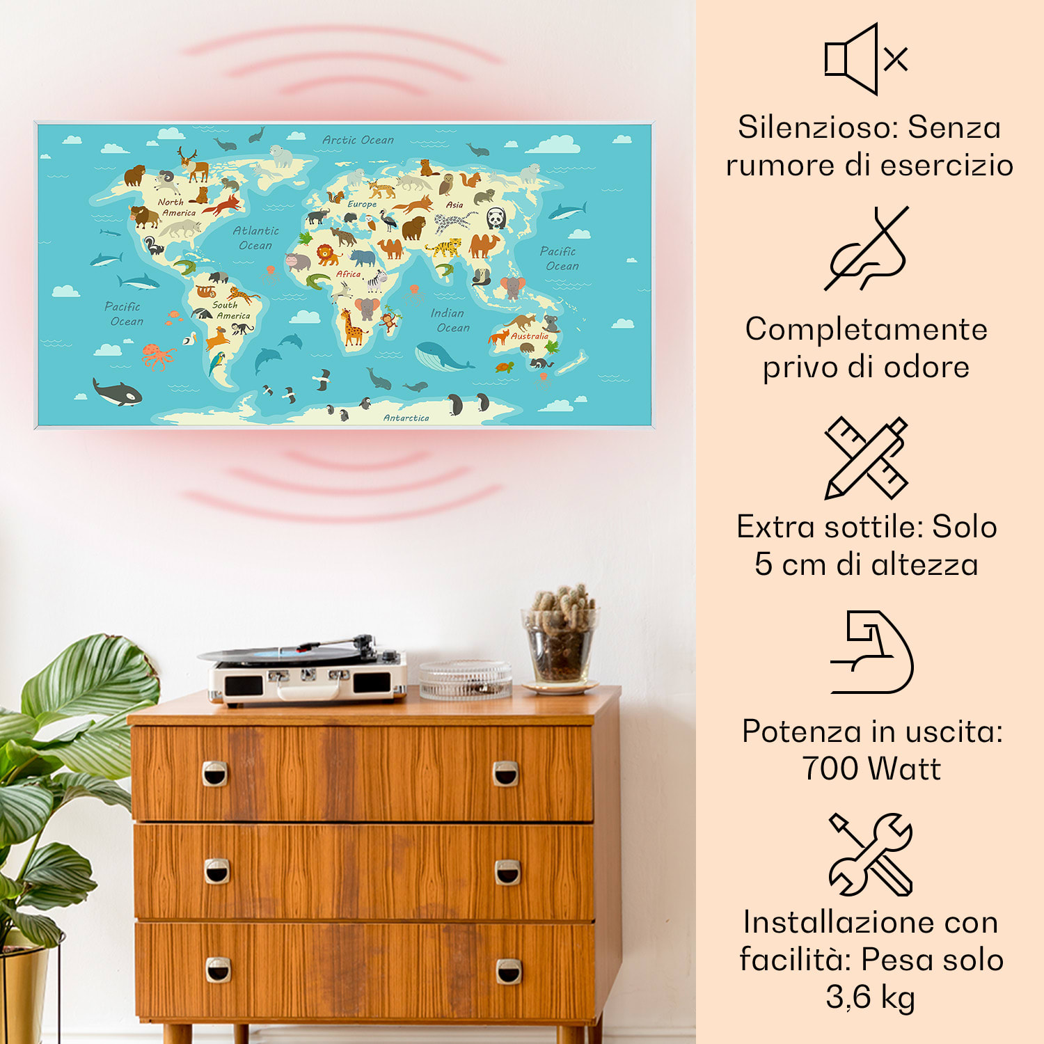 Wonderwall Air Art Smart Riscaldatore a infrarossi Mappa con animali 120x60cm 700W 120 x 60 cm | Mappa animale, cornice bianca
