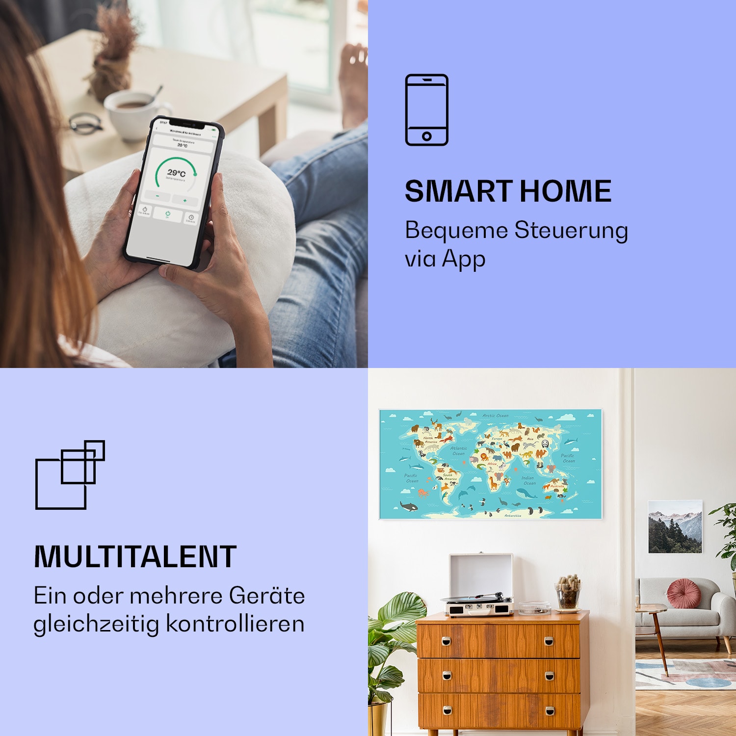 Wonderwall Air Art Smart Infrarotheizung 120x60cm 700W App 120 x 60 cm | Karte mit Tieren, weißer Rahmen