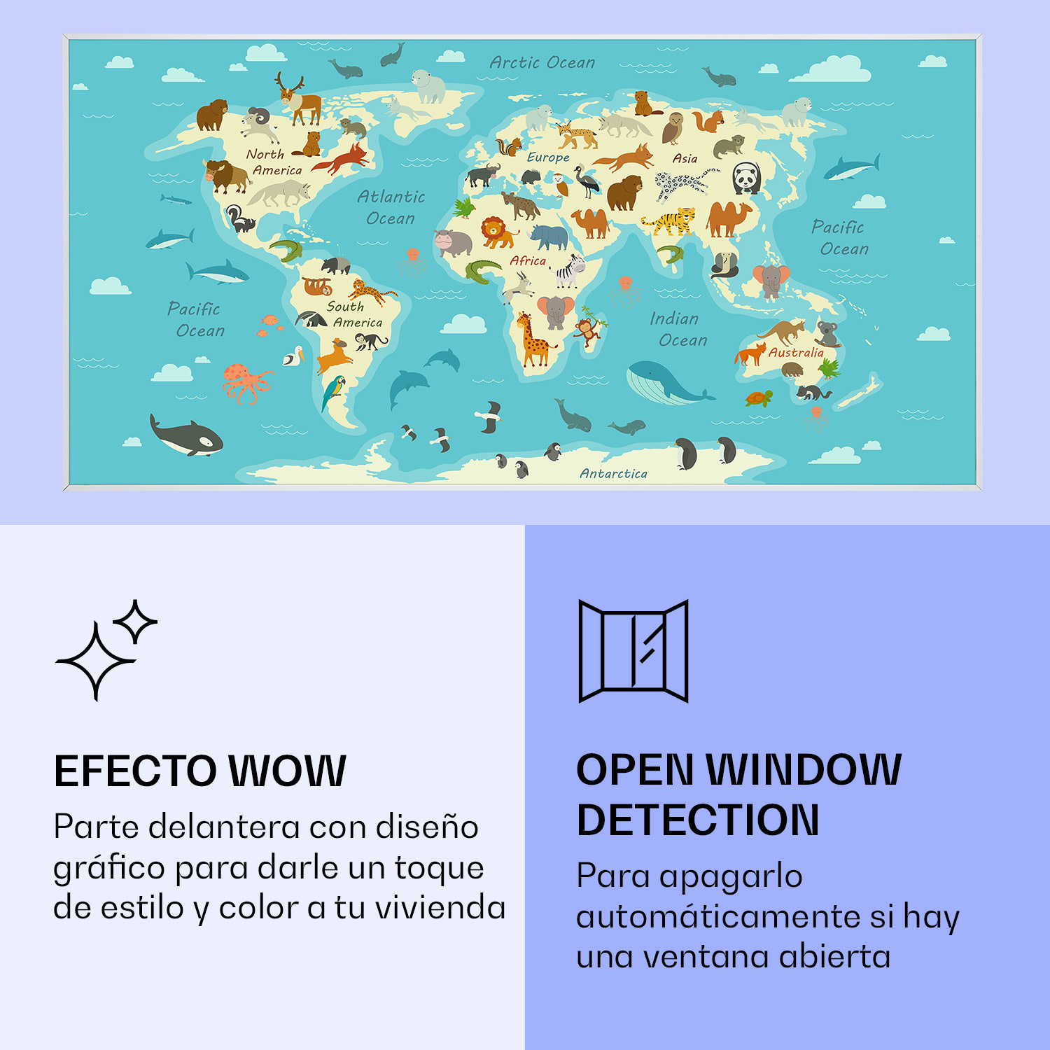 Wonderwall Air Art Calefactor infrarrojo inteligente con animales 120 x 60 cm 700 W 120 x 60 cm | Mapa de Animales, Marco Blanco