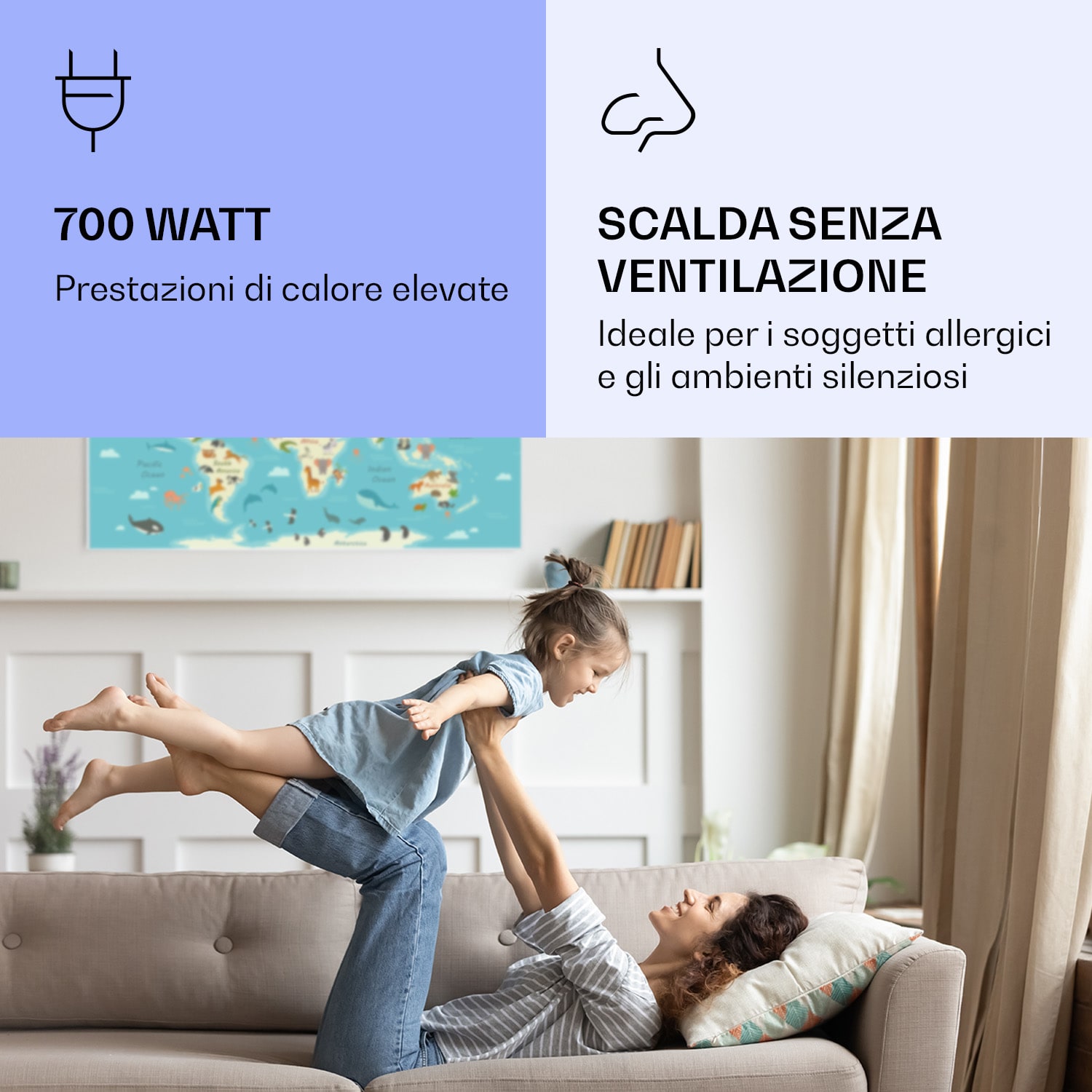 Wonderwall Air Art Smart Riscaldatore a infrarossi Mappa con animali 120x60cm 700W 120 x 60 cm | Mappa animale, cornice bianca