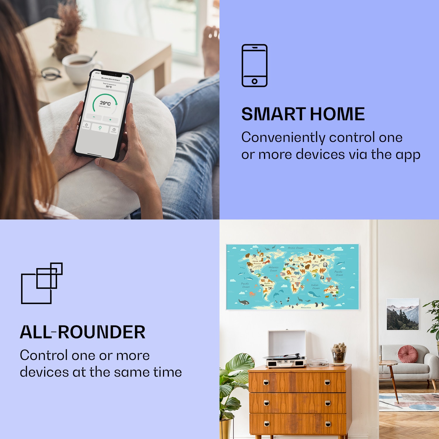 Wonderwall Air Art Smart, infravörös hősugárzó, 120 x 60 cm, 700 W, térkép állatokkal 120 x 60 cm | Állati térkép, fehér keret