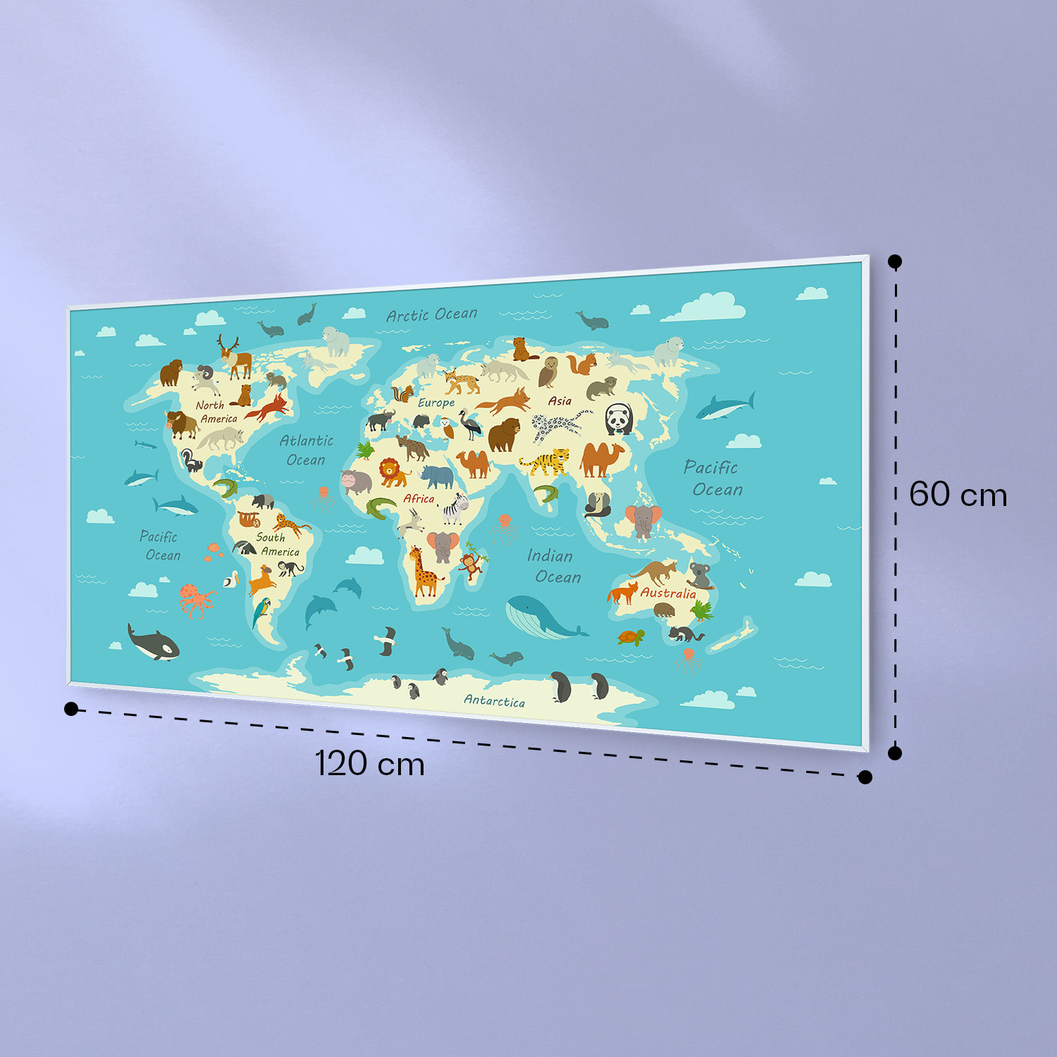 Air Art Smart Infrared Heating map with Animals 120x60cm 700W 120 x 60 cm | Animal Map, White Frame