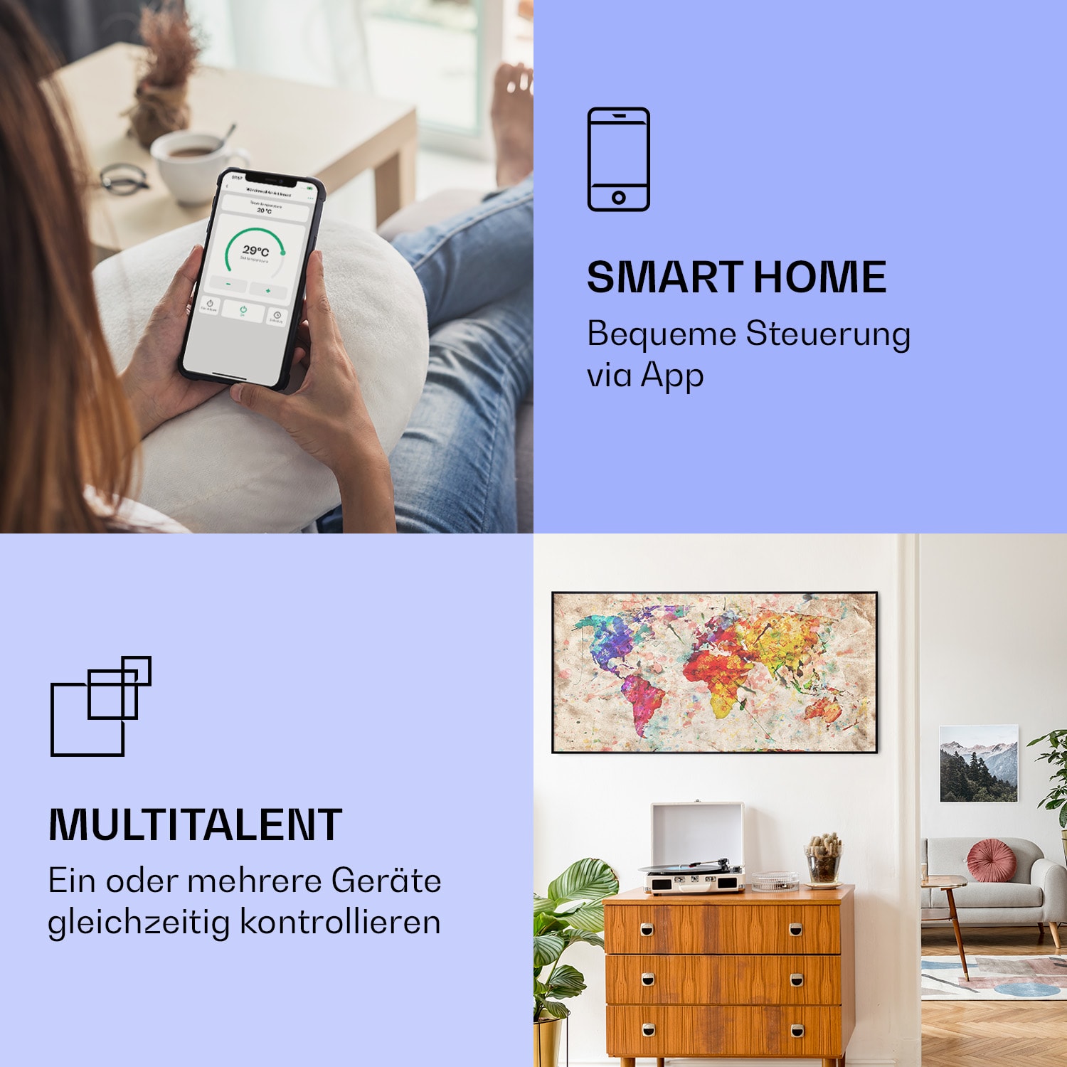 Wonderwall Air Art Smart Infrarotheizung Farbige Karte 120x60cm 700W 