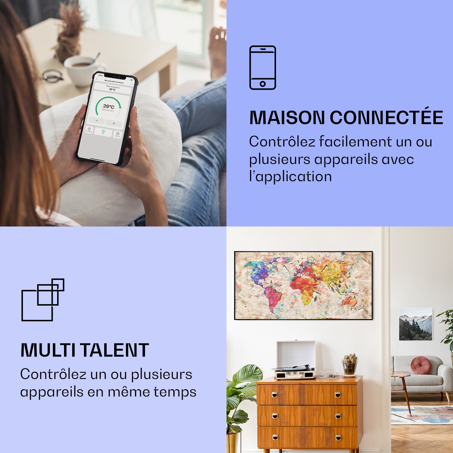 Radiateur infrarouge intelligent Wonderwall Air Art carte colorée 120x60 cm 700 W 120 x 60 cm | Carte de couleur, cadre noir