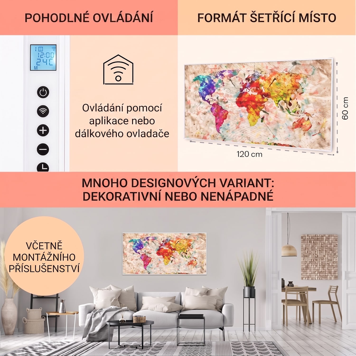 Wonderwall Air Art Smart, infračervený ohřívač, 120 x 60 cm, 700 W, barevná mapa 120 x 60 cm | 700 W | Mapa světa – barevná