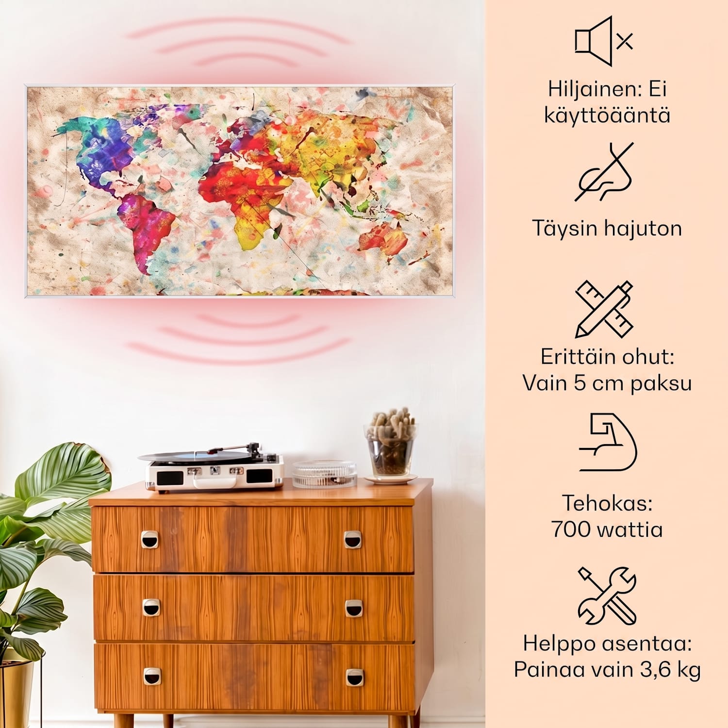 Wonderwall Air Art Smart infrapunalämmitin värikäs kartta 120 x 60 cm 700 W 120 x 60 cm | 700 W | World Map Colorful