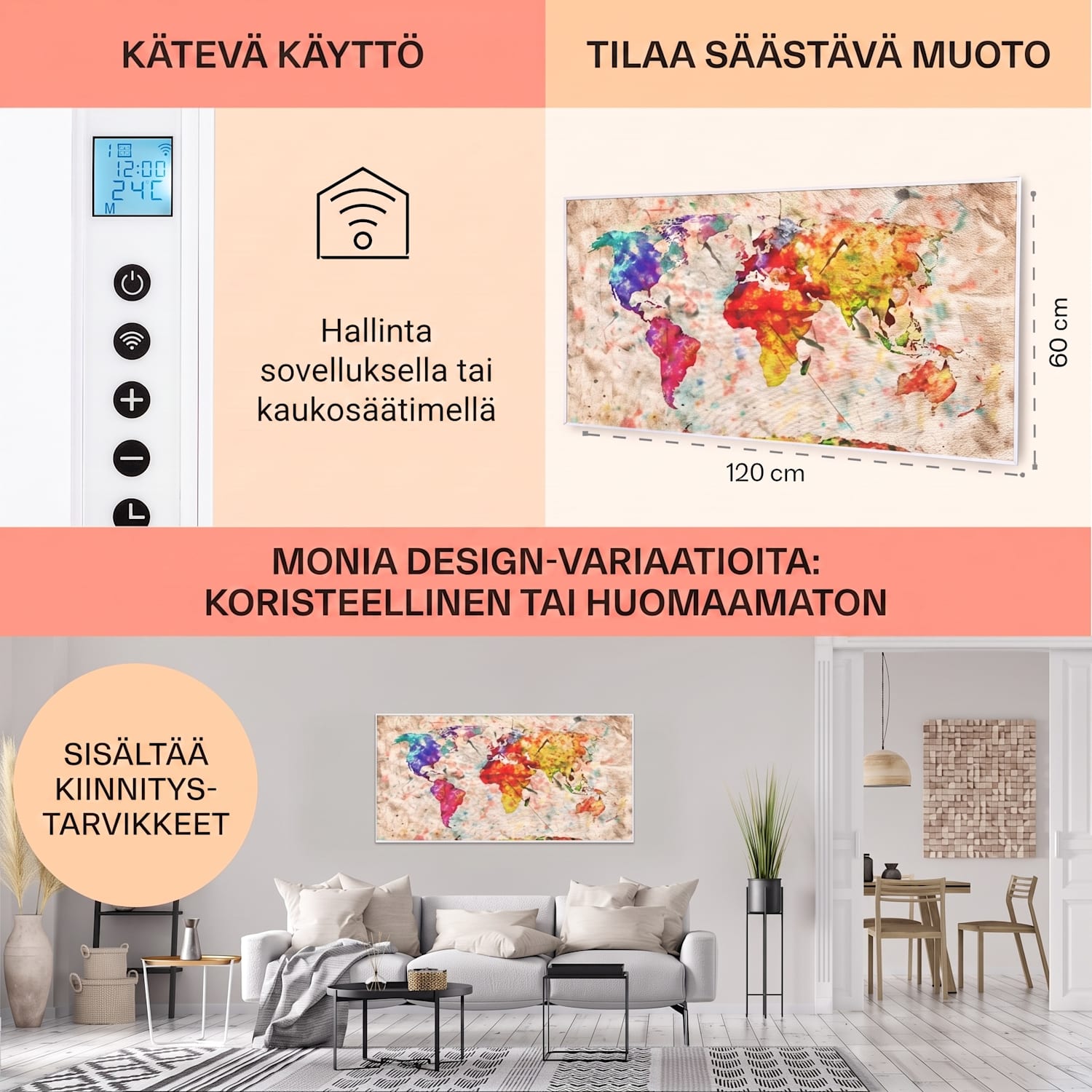 Wonderwall Air Art Smart infrapunalämmitin värikäs kartta 120 x 60 cm 700 W 120 x 60 cm | 700 W | World Map Colorful