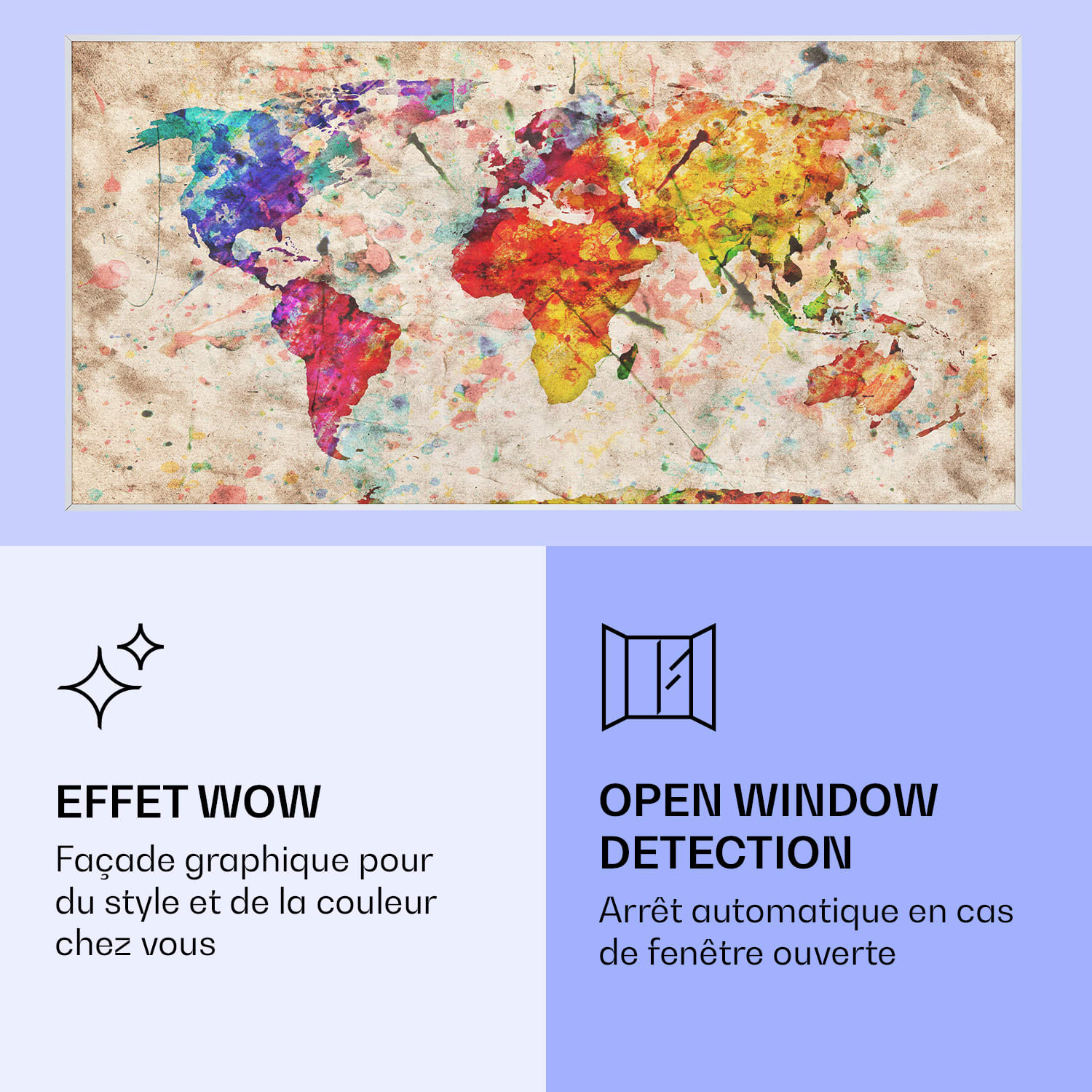 Radiateur infrarouge intelligent Wonderwall Air Art carte colorée 120x60 cm 700 W 120 x 60 cm | 700 W | Carte du monde – Colorée